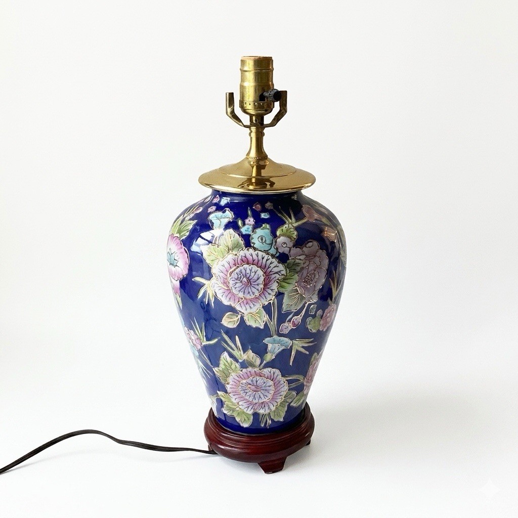 Vintage Chinese Cobalt Blue Porcelain Floral Vase Lamp Chinoiserie 16″ Working