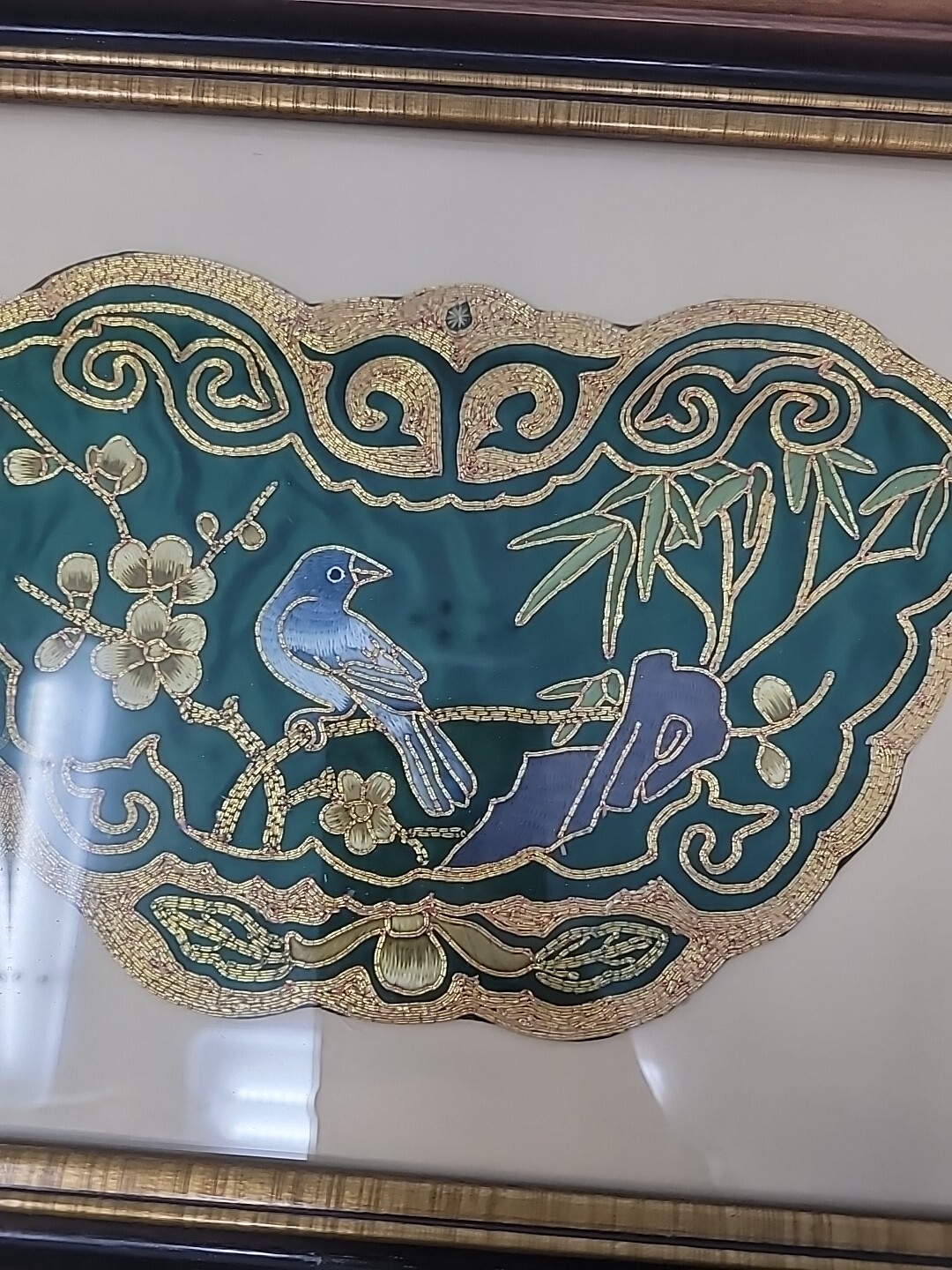 Two Framed Vintage Golden Cloud Green Chinese Hand Embroidered Panel
