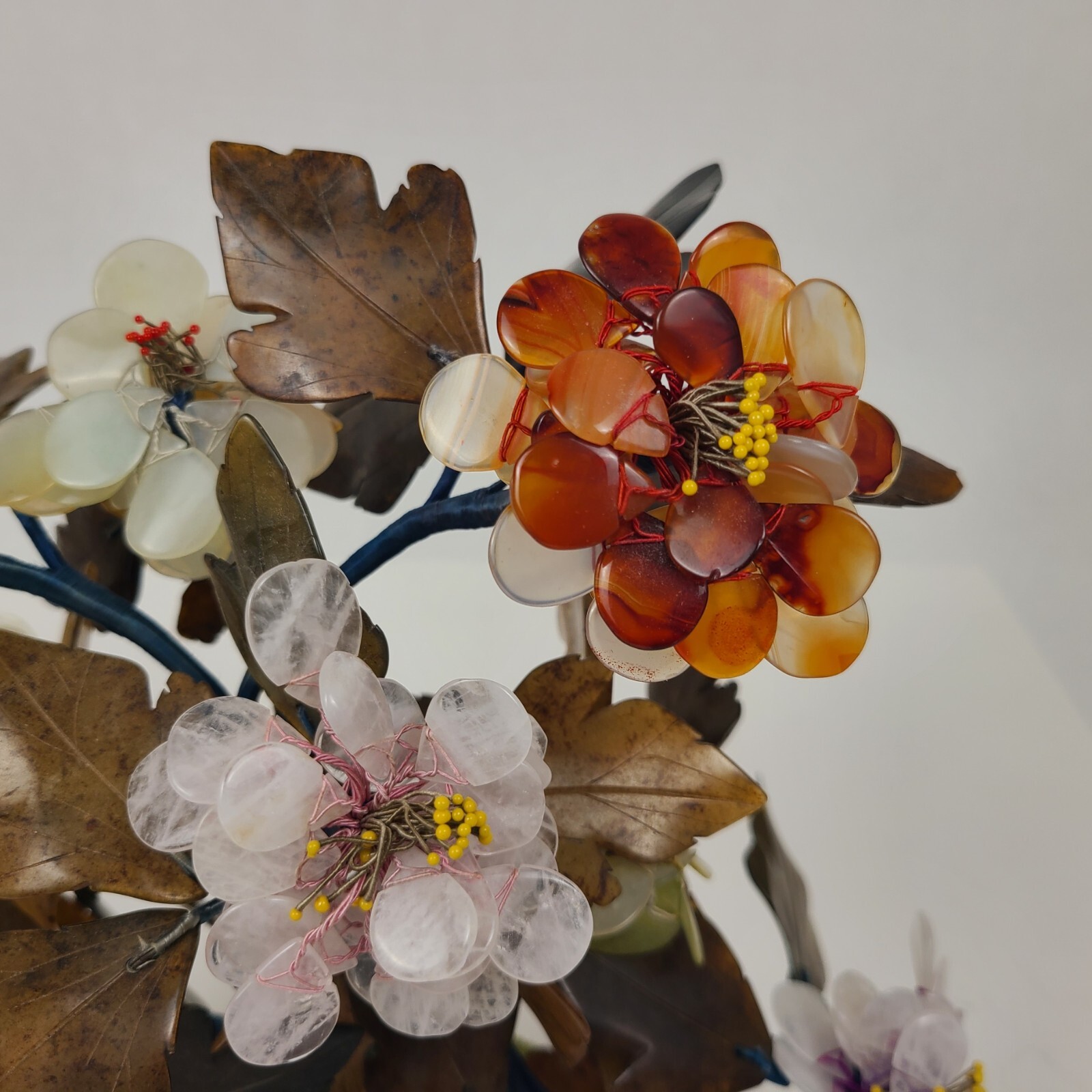 Vtg MCM Carved Agate Jade Quartz Bonsai Tree Flower Blossom Plant 11″ Tall Asian
