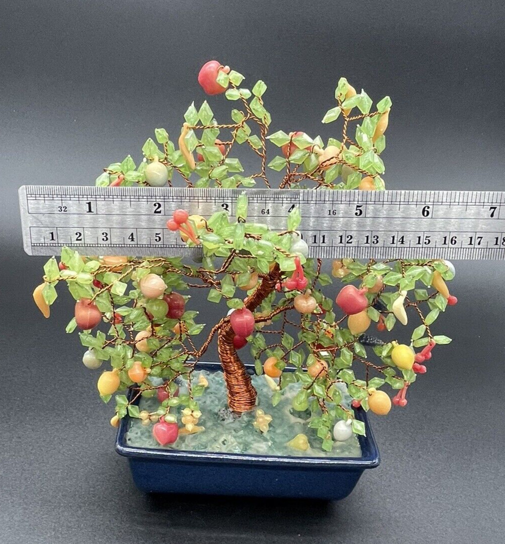 VTG Japanese Glass (? Acrylic) Fruit Bonsai Tree Copper Wire Apple Banana Cherry