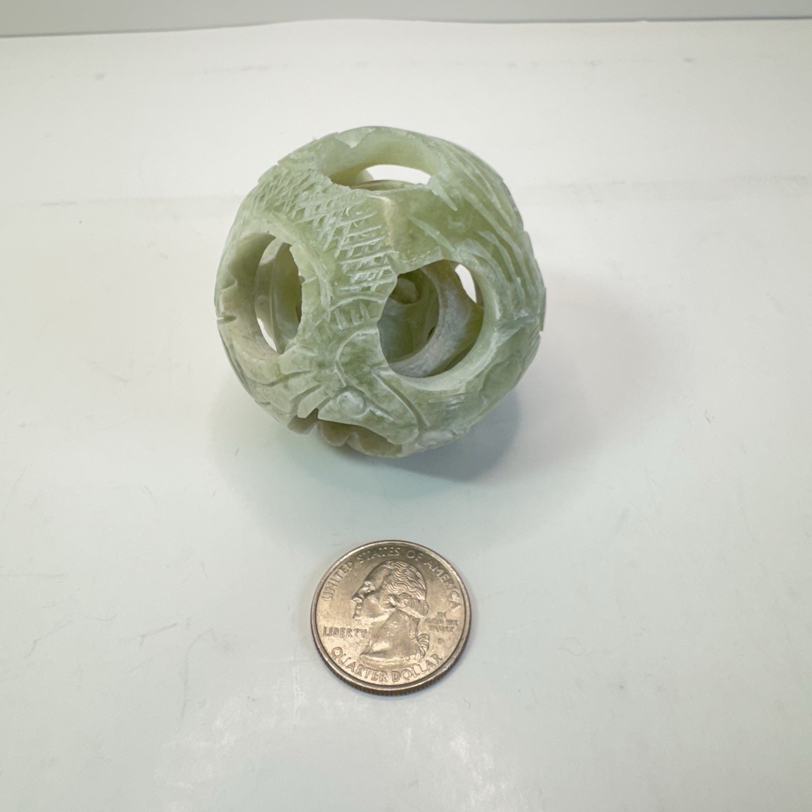 Vintage Chinese Carved Jade Stone Puzzle Ball Sphere 4-Layers Deep 2”