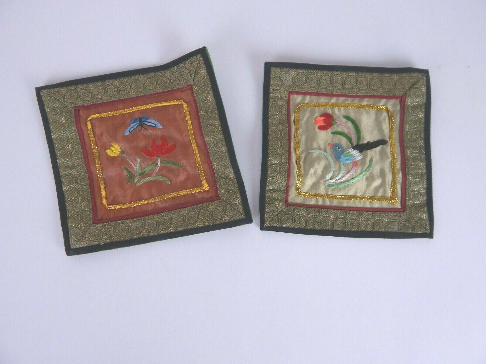 Vintage Chinese Silk Hand Embroidered Bird & Flowers 5.5″ Set of 2 Unframed
