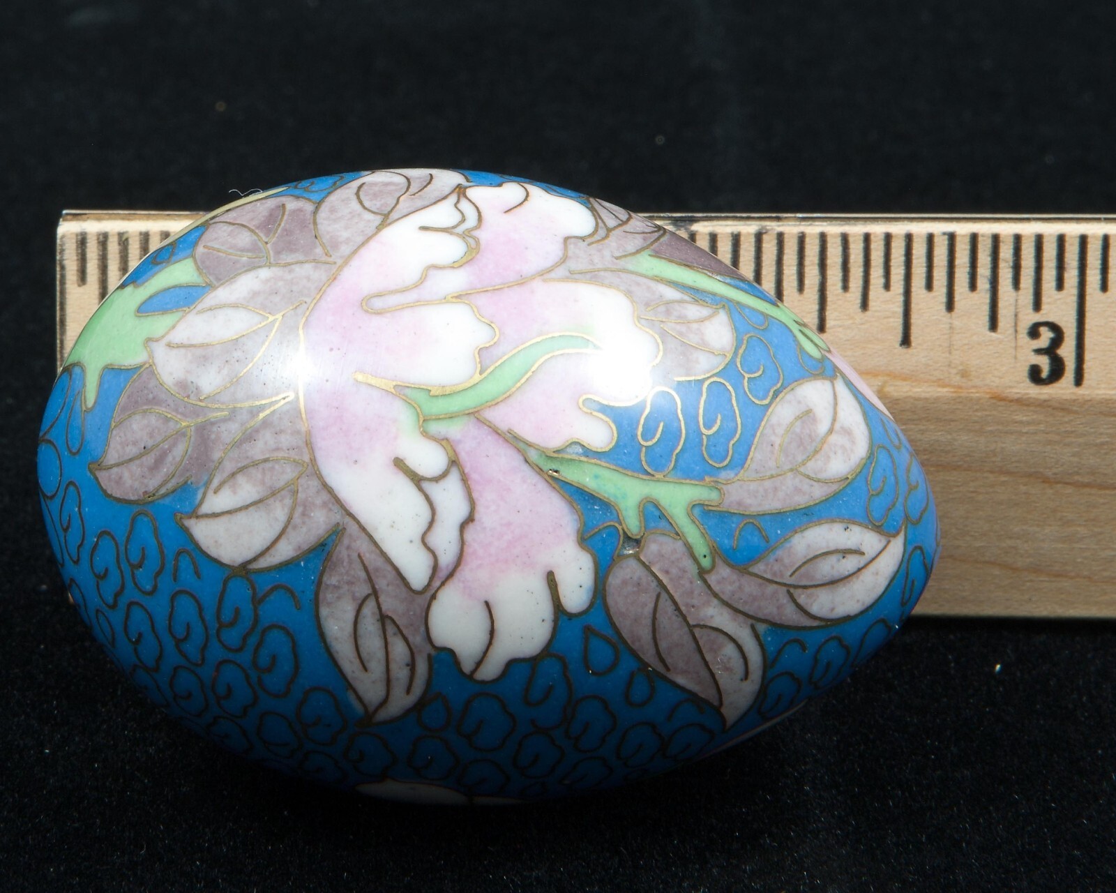 VTG Chinese Floral on Blue Cloisonne Enamel Metal Egg 2-1/2″ Tall w/Stand