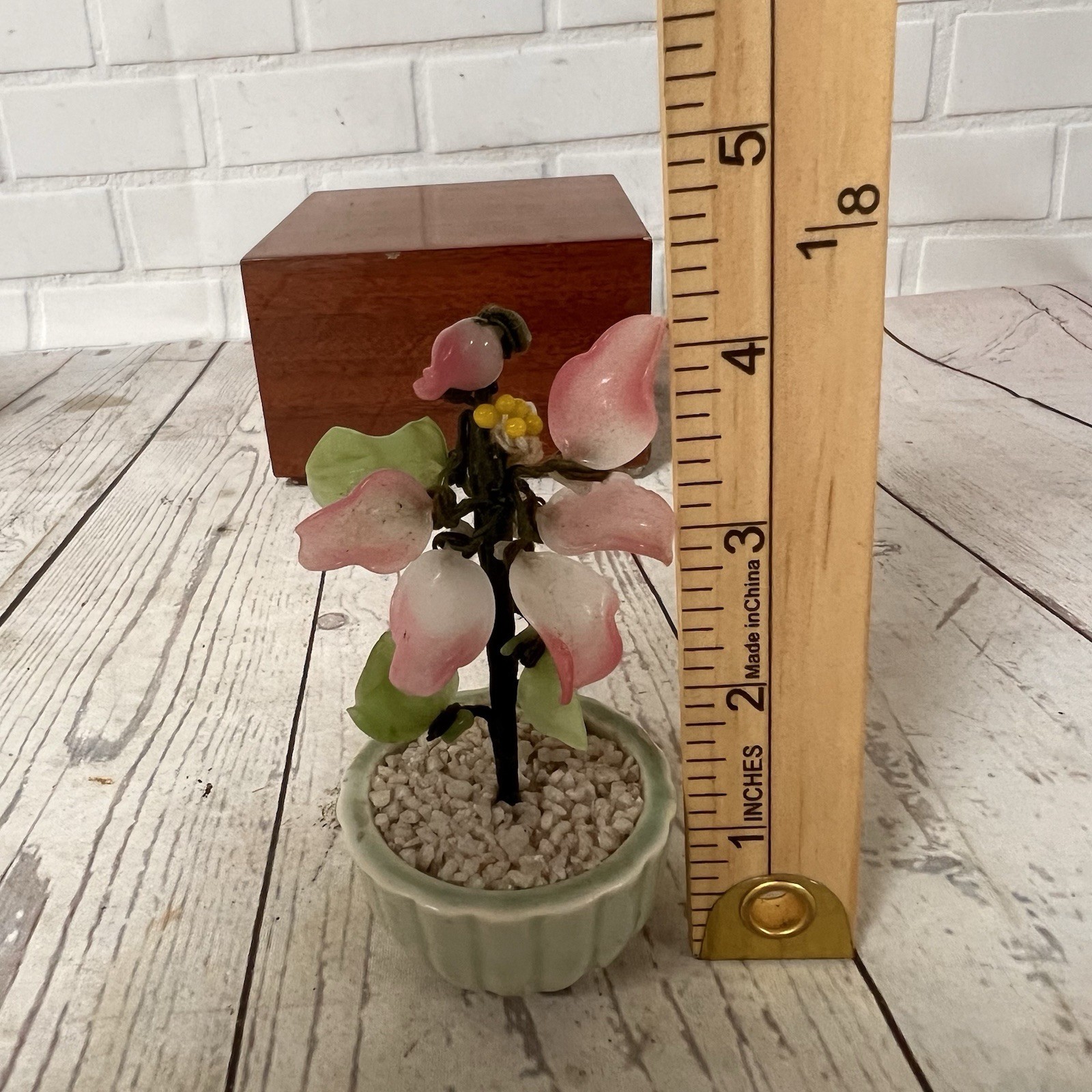 Vintage Jade Glass Bonsai Tree pink Flower Rose Quartz Celadon Pot small 4”