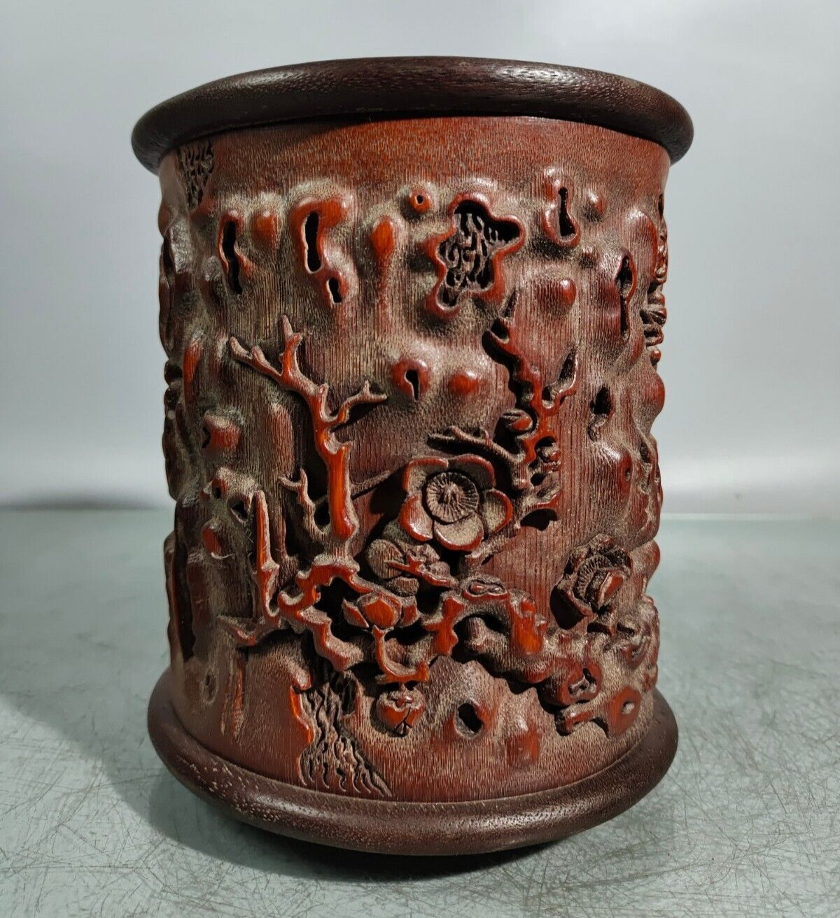 16cm china handmade carved plum blossom Exquisite natural bamboo Pen Brush pot