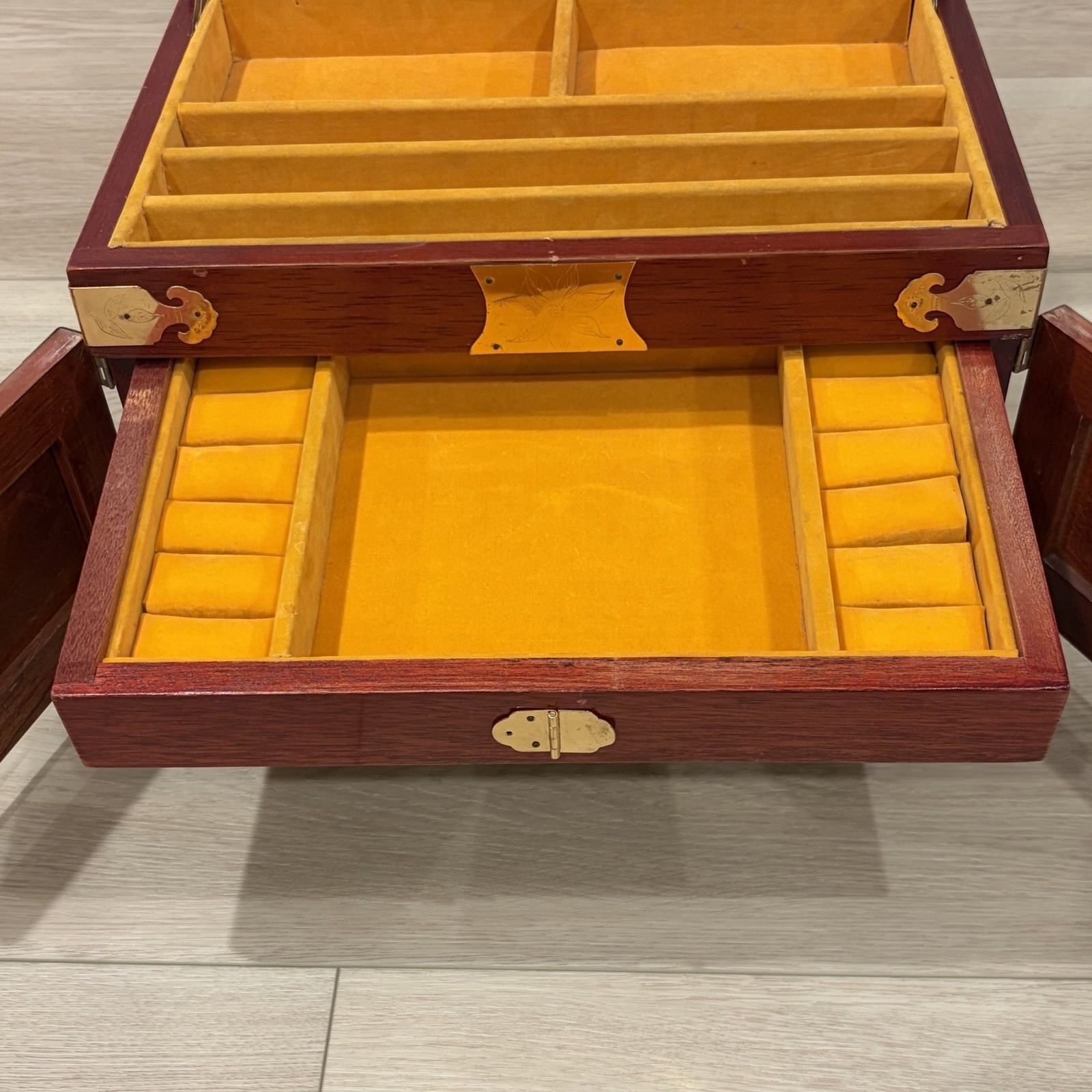 Large Chinese Rosewood & Brass 3 Drawer Flip Top Jewelry Box Longevity Symbol