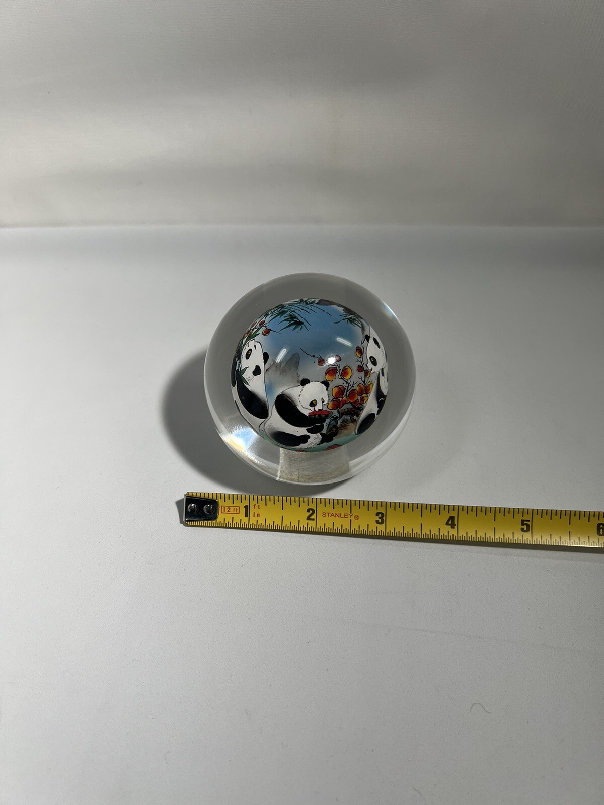 Chinese Glass Ball Sphere Paperweight Reverse Hand Painted Pandas Eat Watermelon
