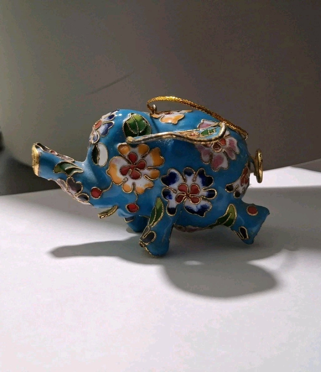 Multicolored, Base Blue floral Chinese cloisonné elephant ornament