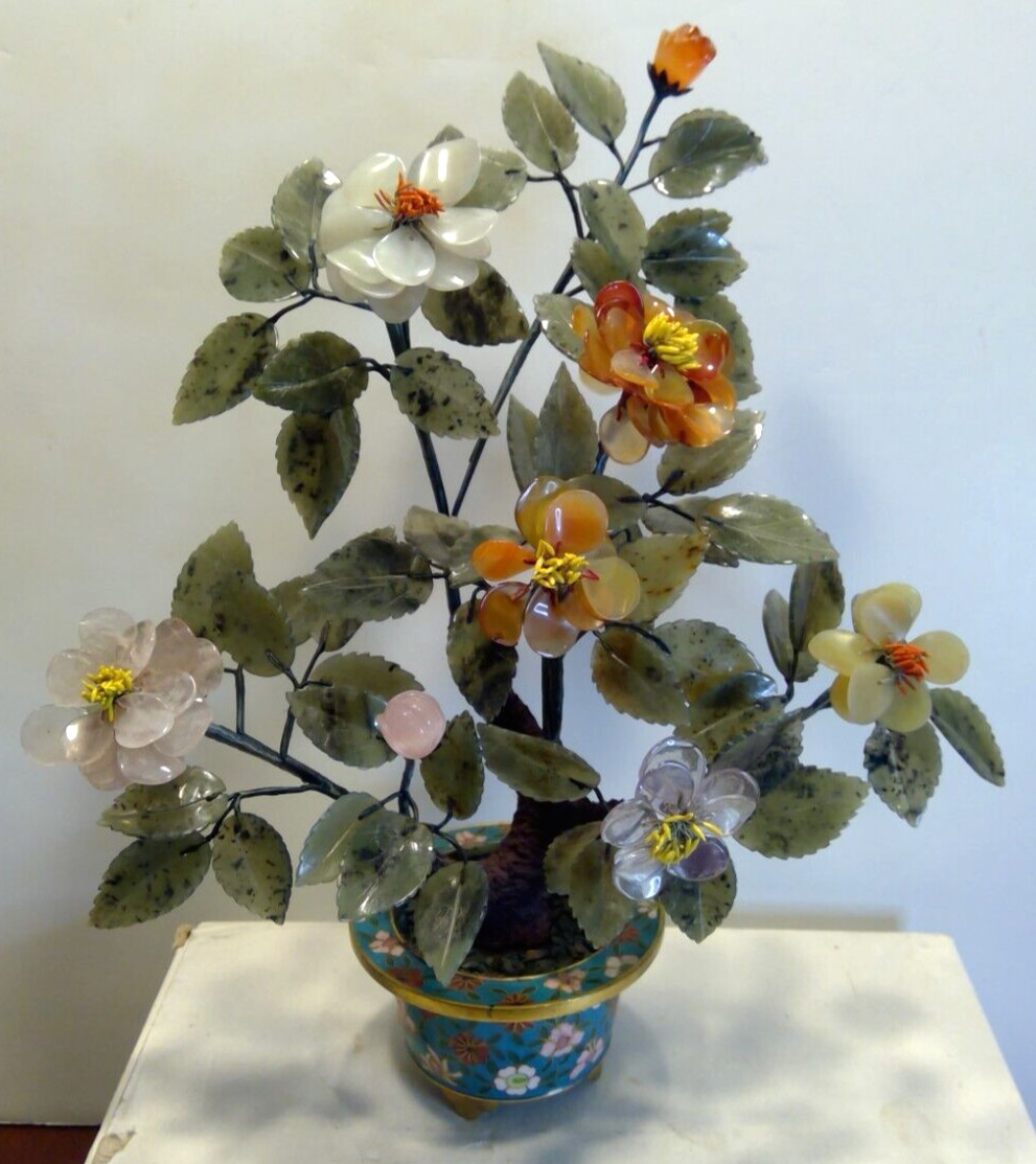 Vintage Chines Cloisonne Pot Bonsai Tree Craved Stone Flowers & Leaves 11″ Tall