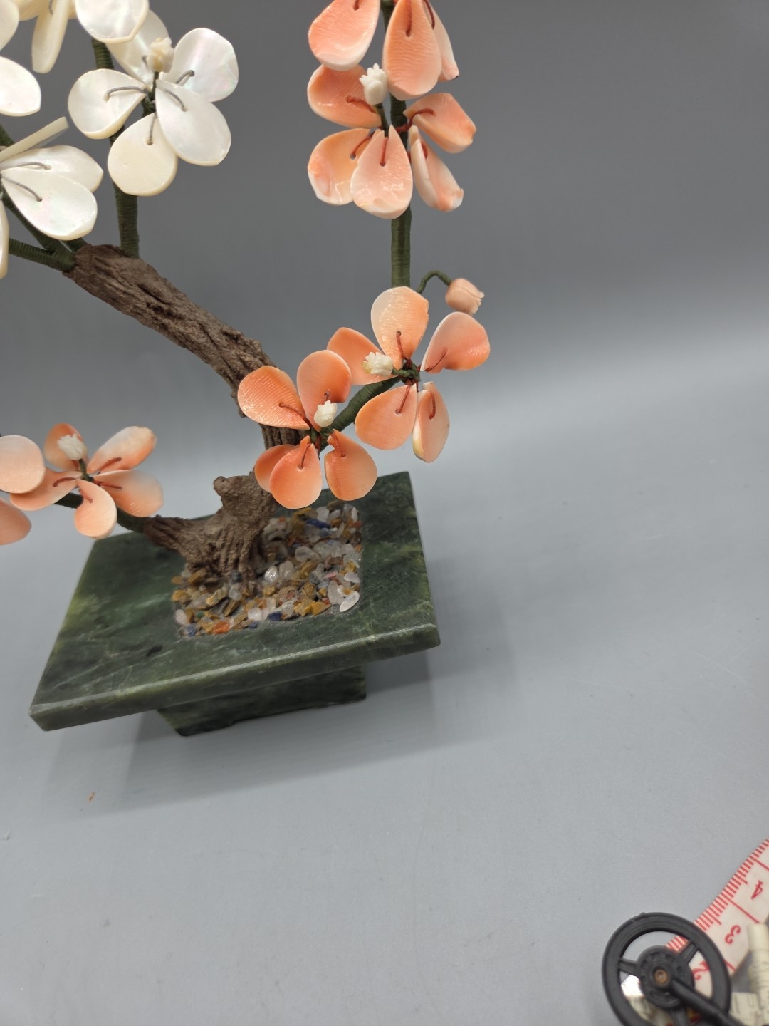 Small Bonsai Tree with Carnelian and Mother of Pearl Flowers, Jade? Base 8.5″ H