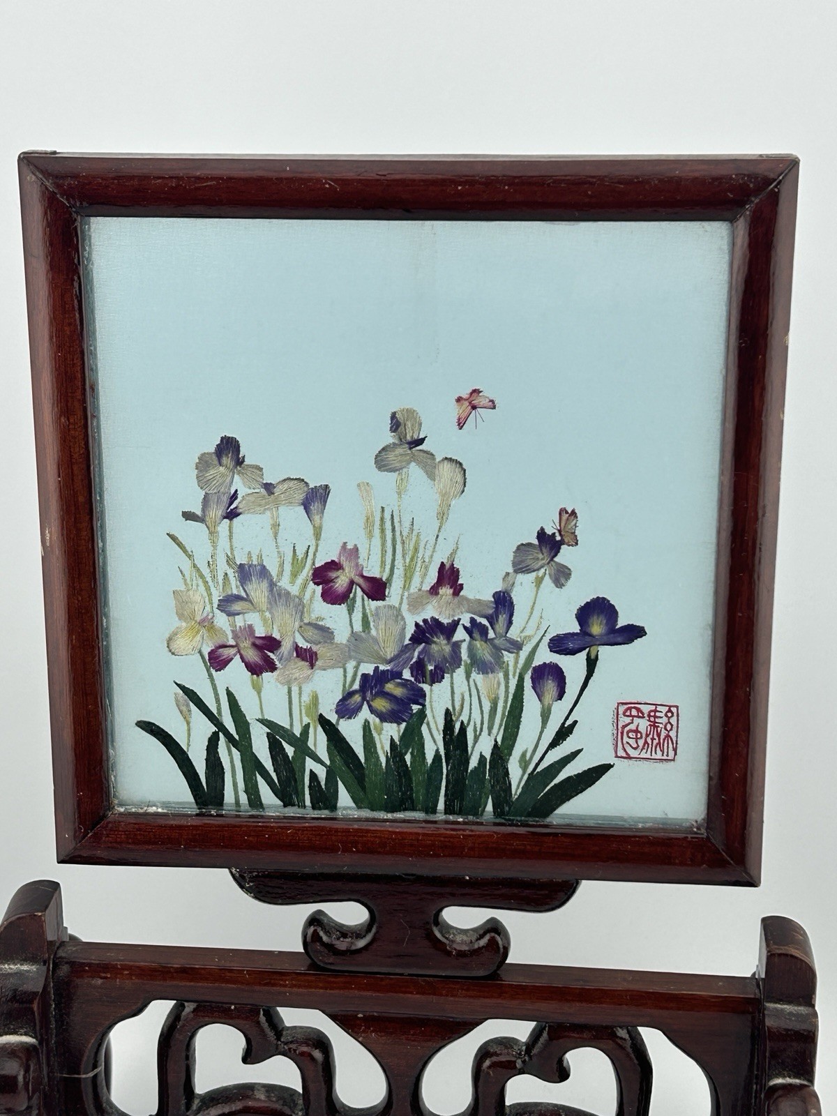Vintage Chinese Suzhou Silk Embroidery Under Glass Table Screen Floral 1950s