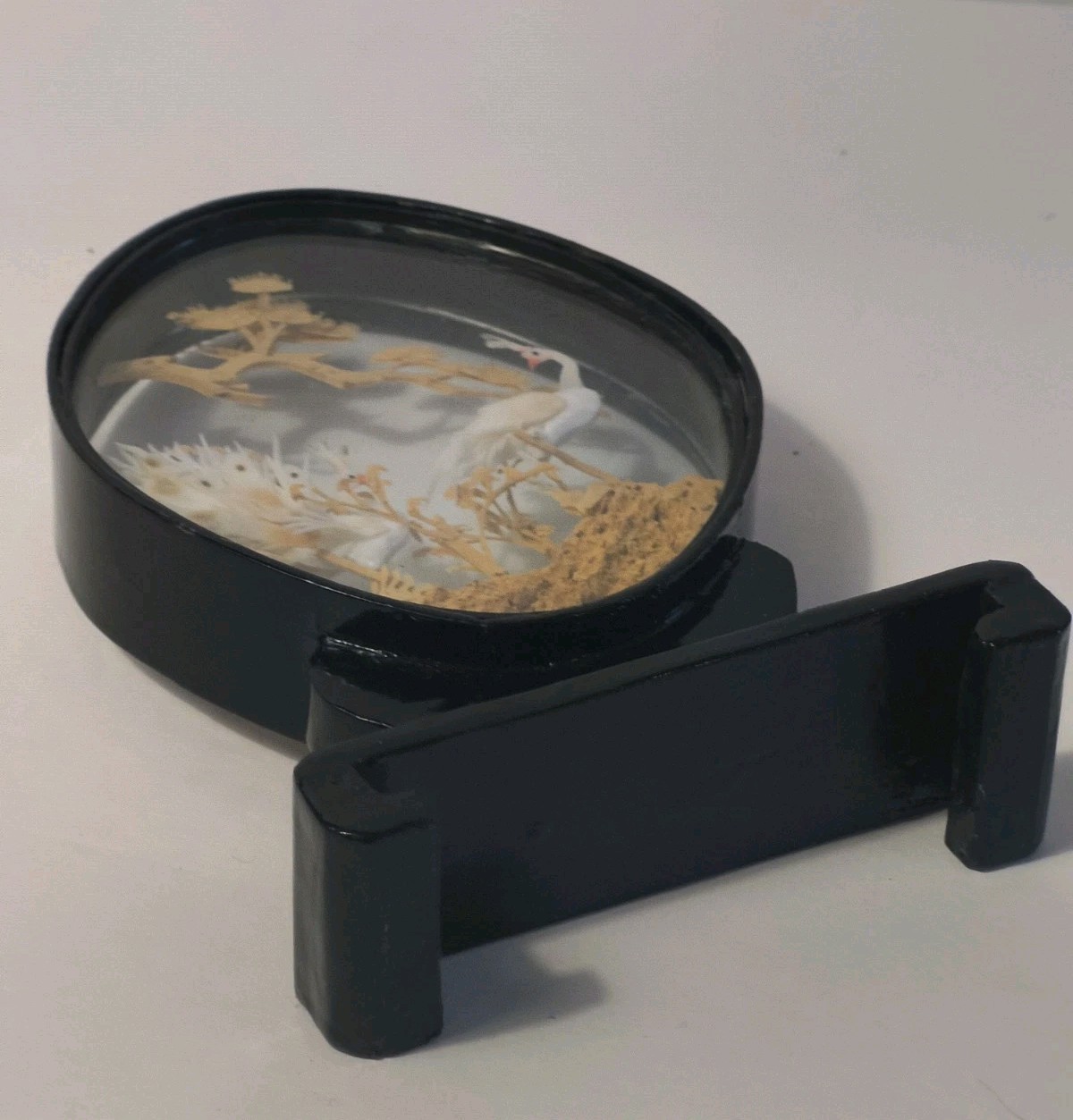 Vintage Asian Cork Carving Diorama Shadow Box Black Lacquer Peacocks Birds 5.5″