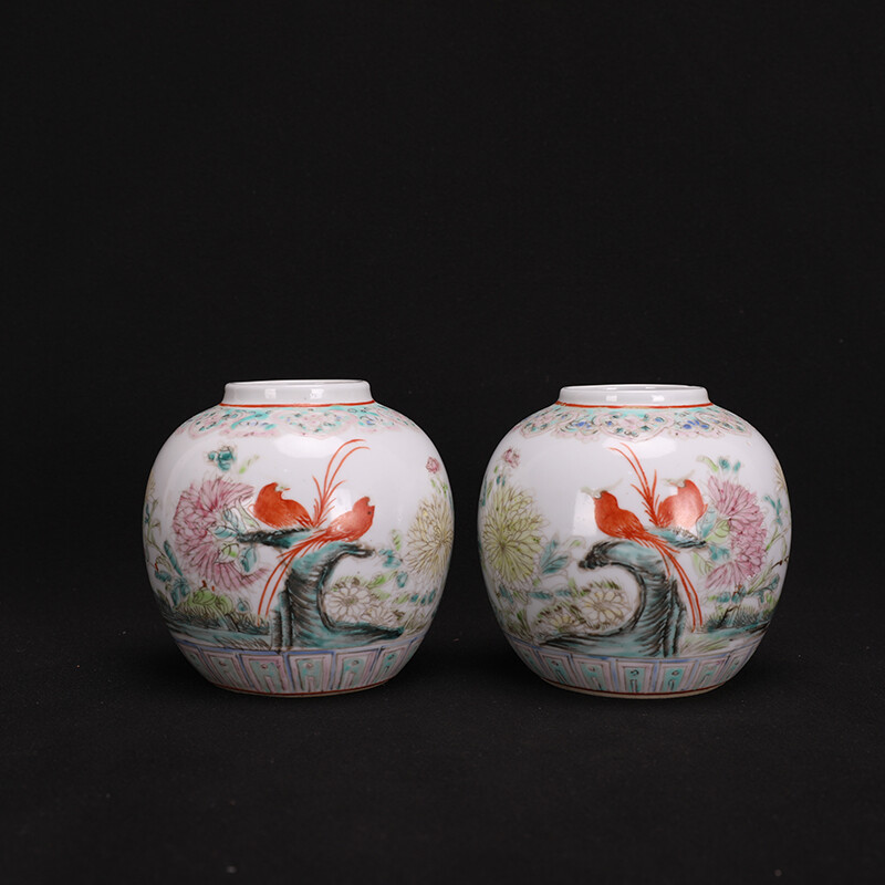 4.1″ Collect China Famille Rose Porcelain Chrysanthemum Animal Bird Pot Pair