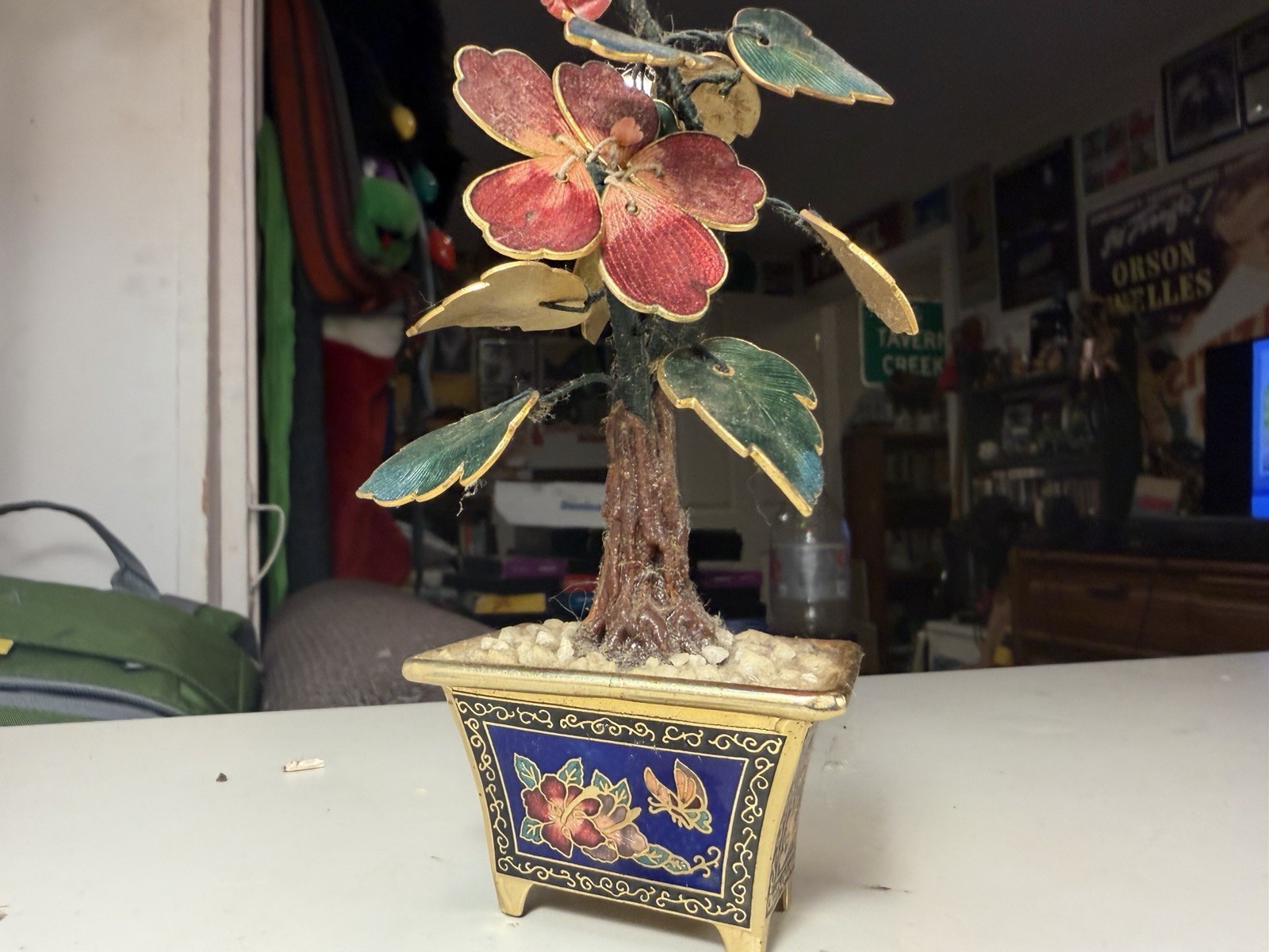 Vintage Brass And Colored Enamel Bonsai Leaf Tree – Red Flower – Cloisonne Pot