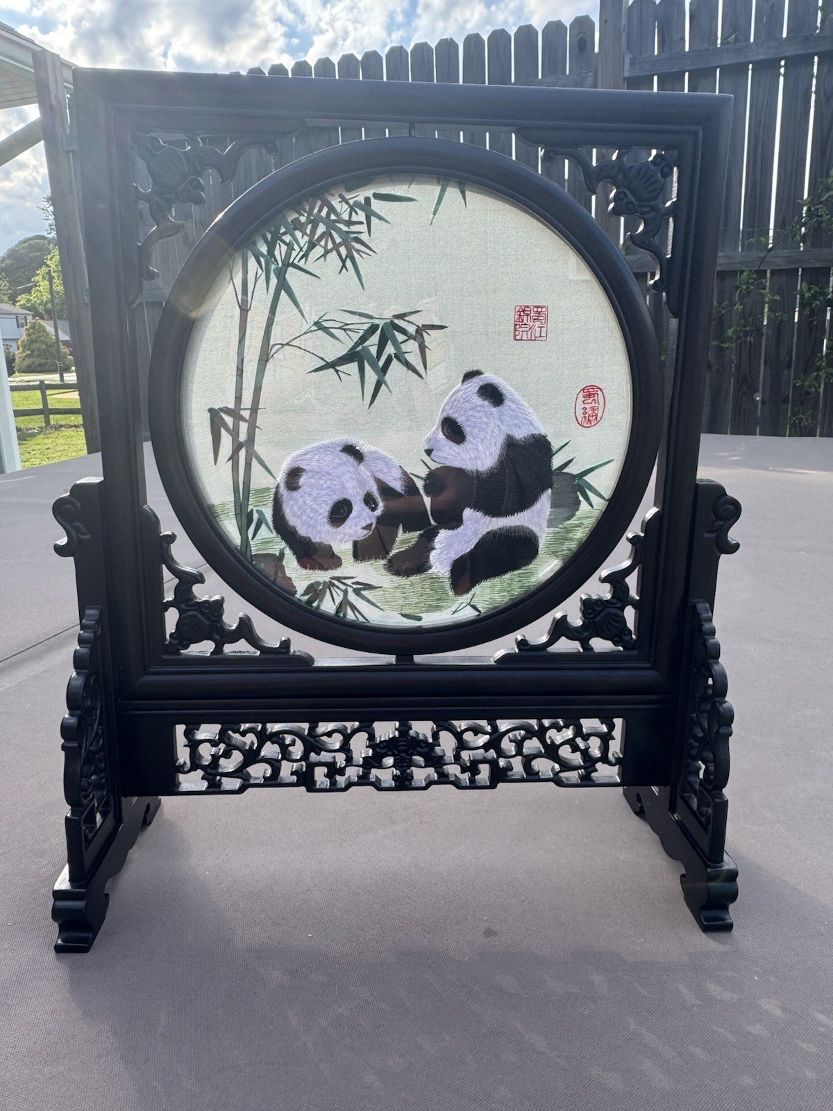Doubled Sided Asian Silk Embroidered Pandas In Lacquer Rotating Wood Frame Stand