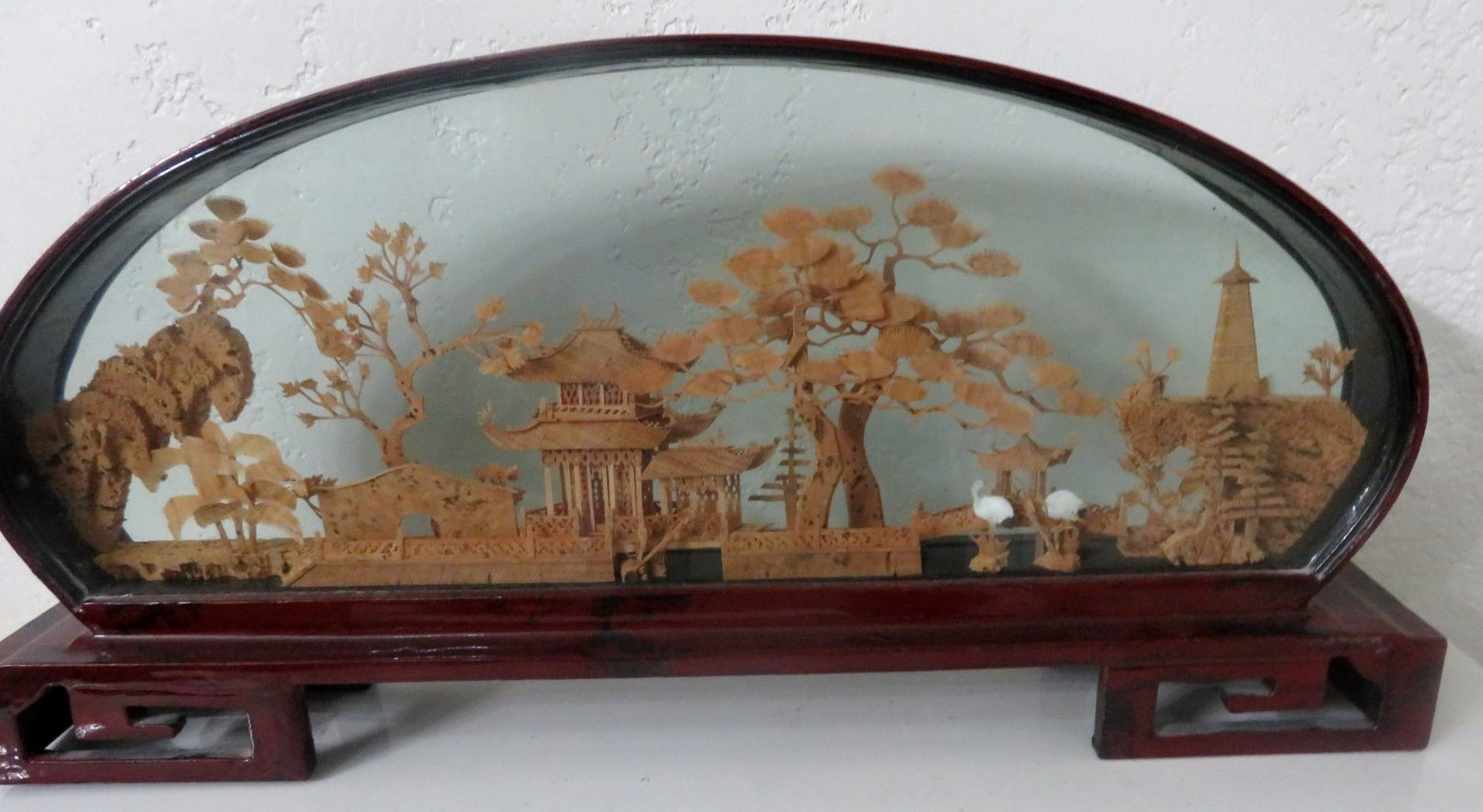 Vintage Chinese Cork Hand Carved Diorama-Pagoda/Trees/Cranes 19” X 11”