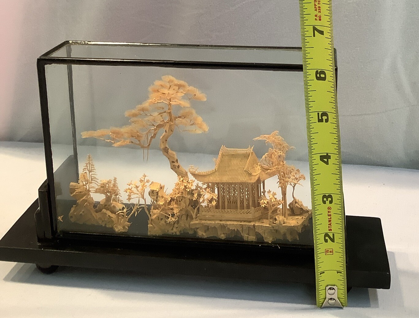 Fujian China 202 Vintage Hand Carved Cork Diorama Art Glass Wood Framed Picture