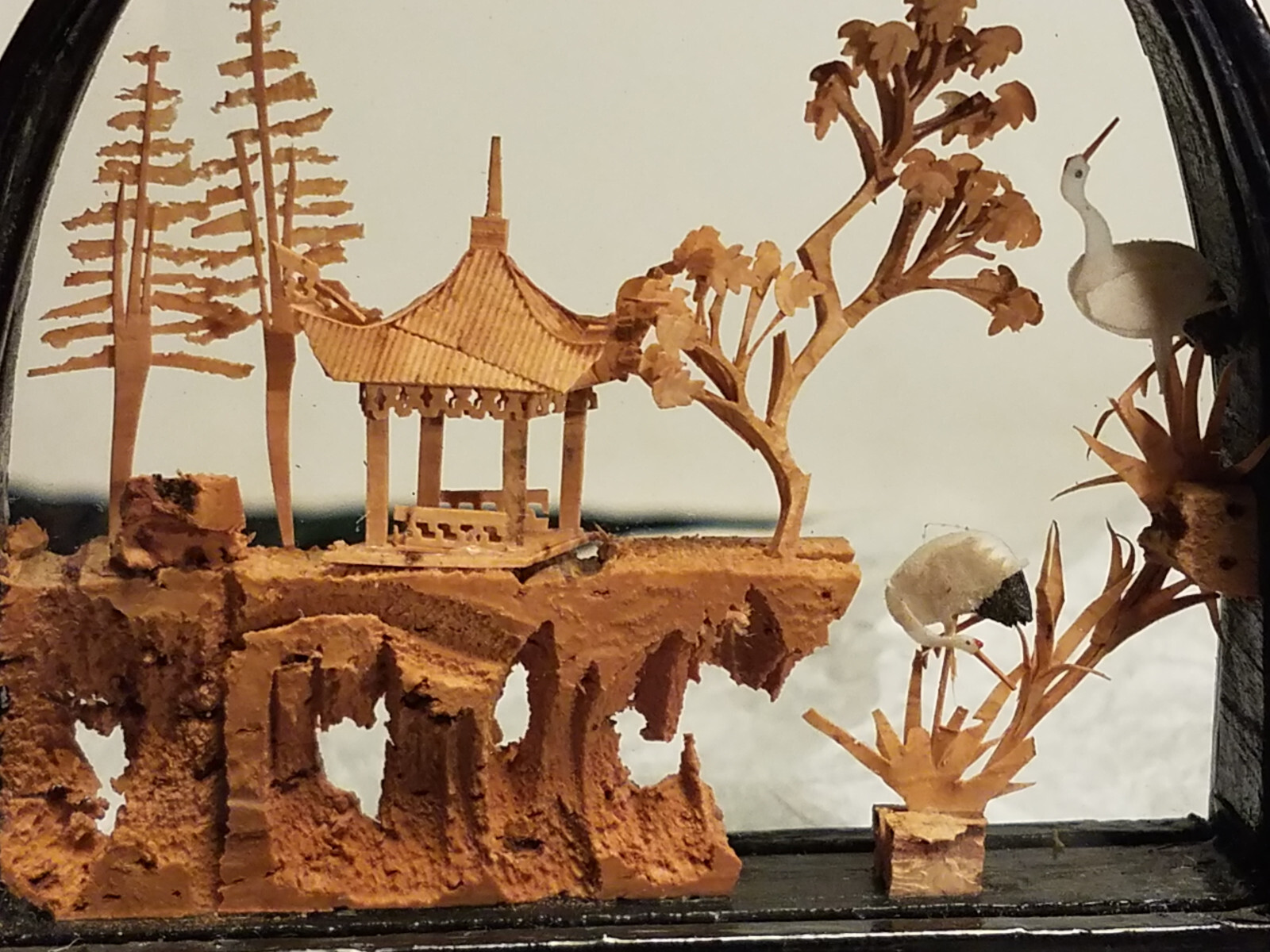 Chinese Lacquered Arched, Hand Carved Cork Diorama, Pagoda Trees Cranes