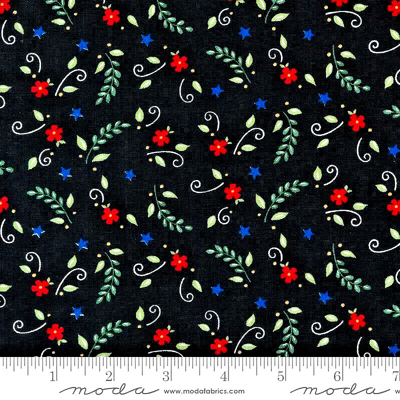 MODA FABRICS #5616 14″RED,WHITE & BLOOM ” FLORAL ON BLACK BTP