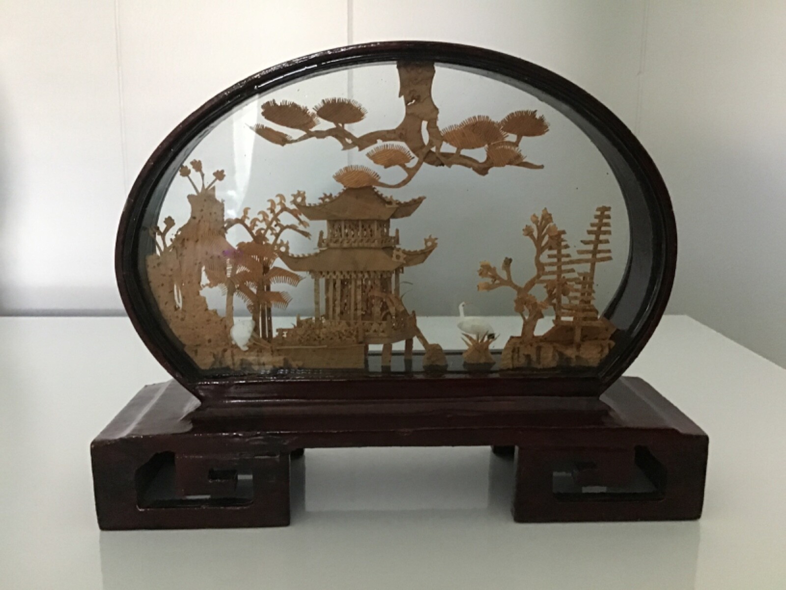 VINTAGE-FUJIAN HAND CARVED CORK DIORAMA ART GLASS WOOD FRAMED PICTURE