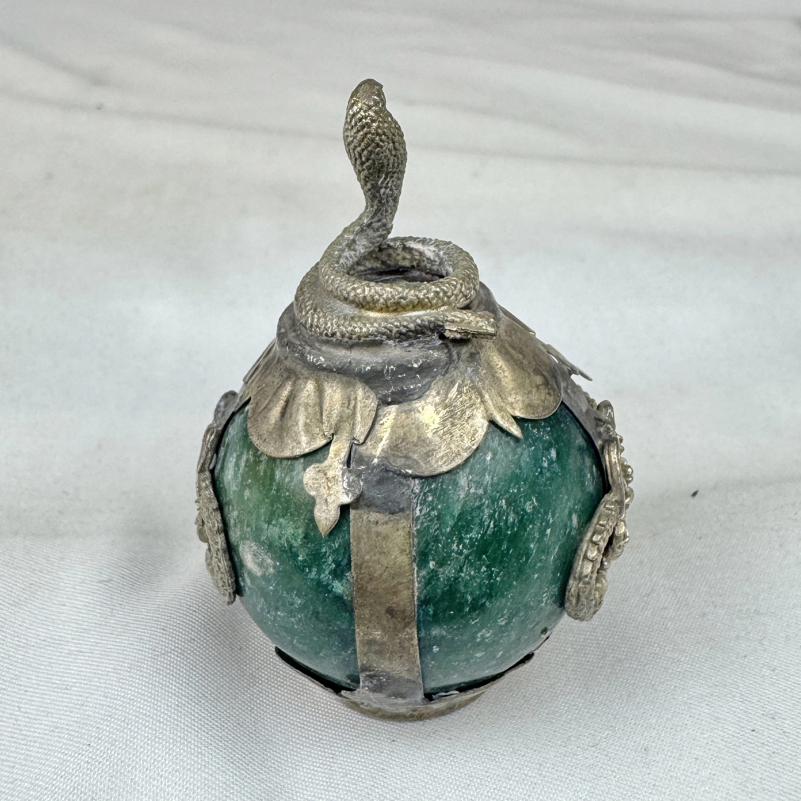 Vintage Chinese Zodiac SNAKE Green Marble Orb, Pewter/Tin Finial, Dragon Motif
