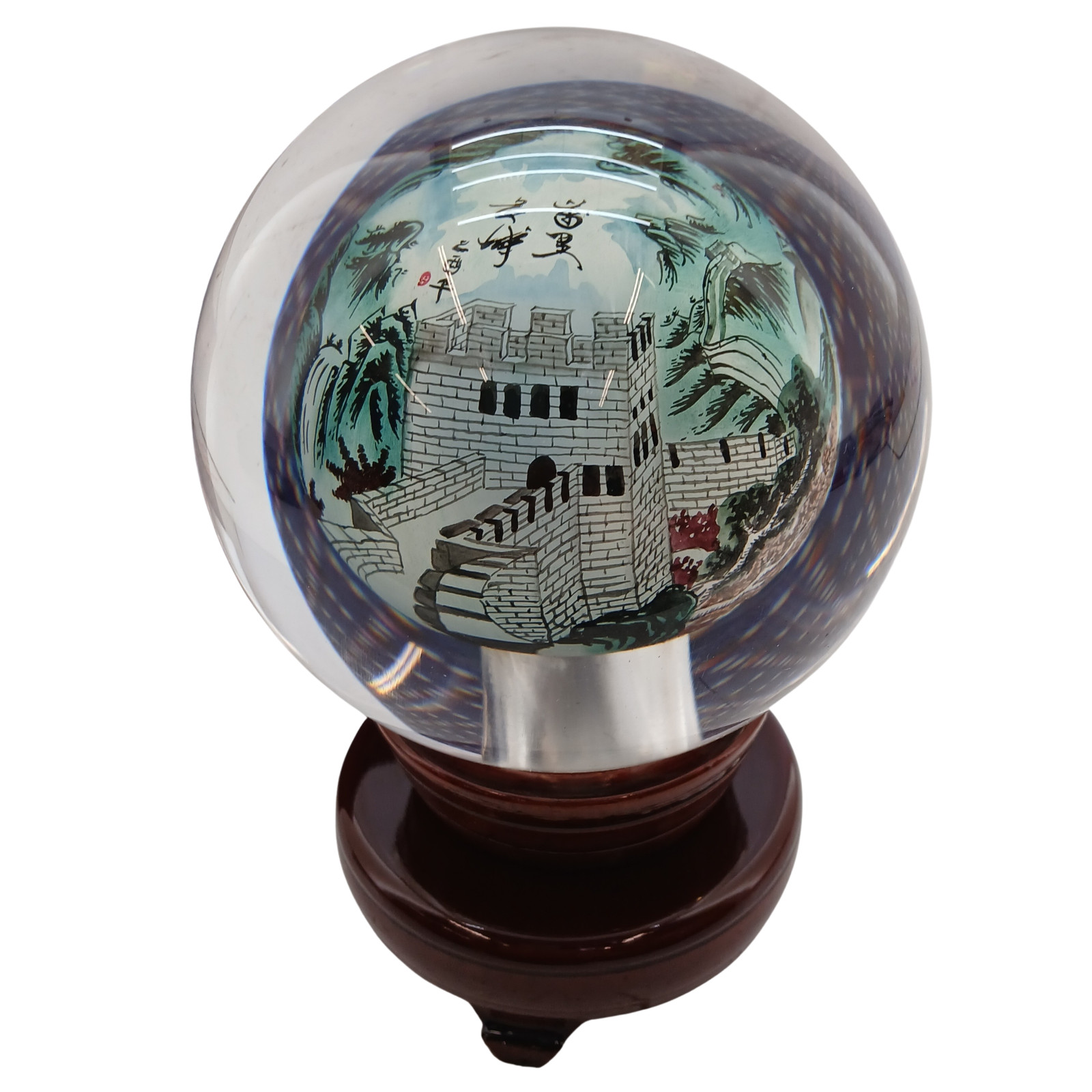 Chinese Handpainted Reverse Glass Art Ball Orb Landscape Scene 4″ Sphere W/ Box