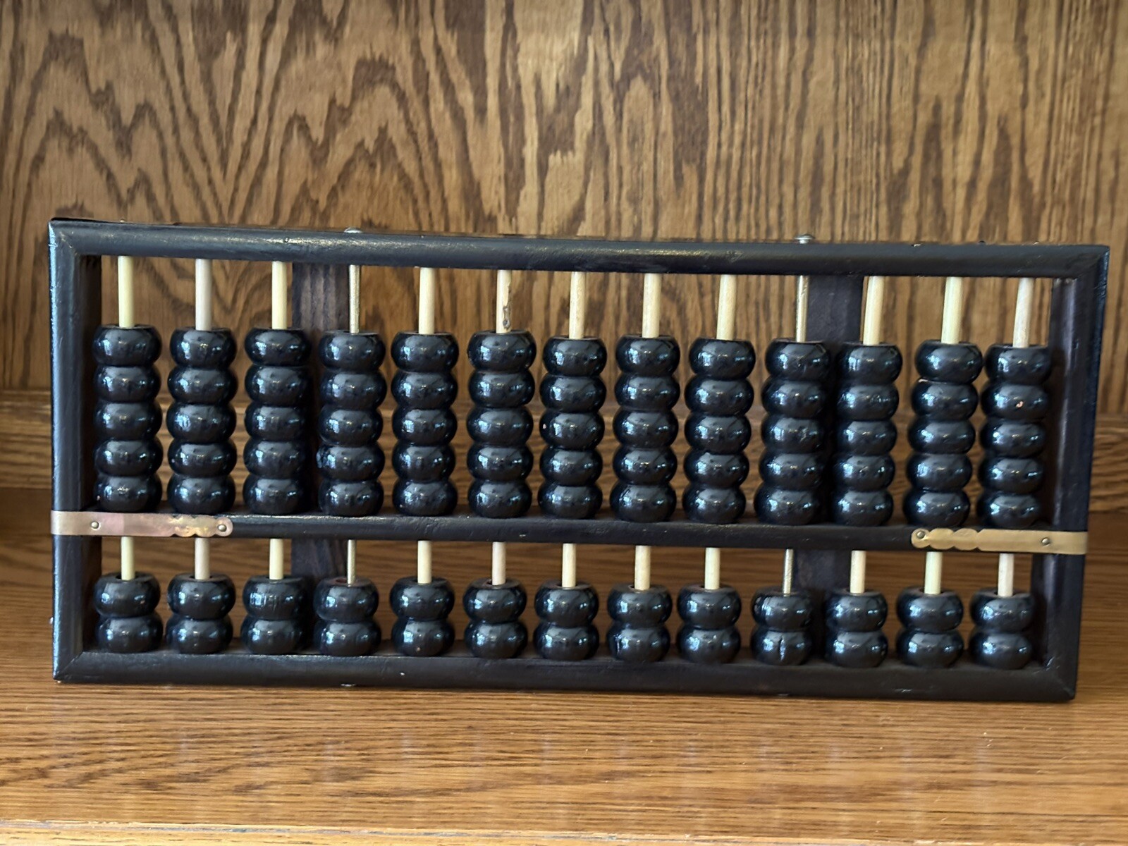 Vintage Zhejiang Chinese Black Wooden Abacus 13 Rods 91 Beads Brass Accents GVC