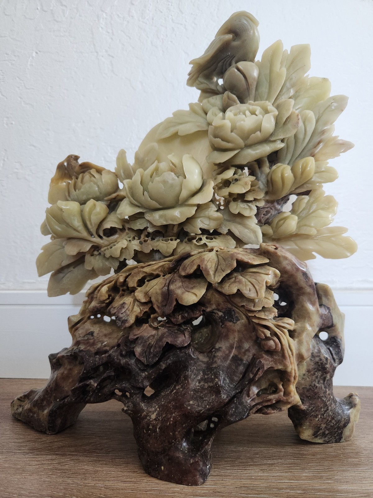 Exceptional Ornate Chinese Soapstone Carving Birds Flowers & Fruit 12″ x 13.5″ T