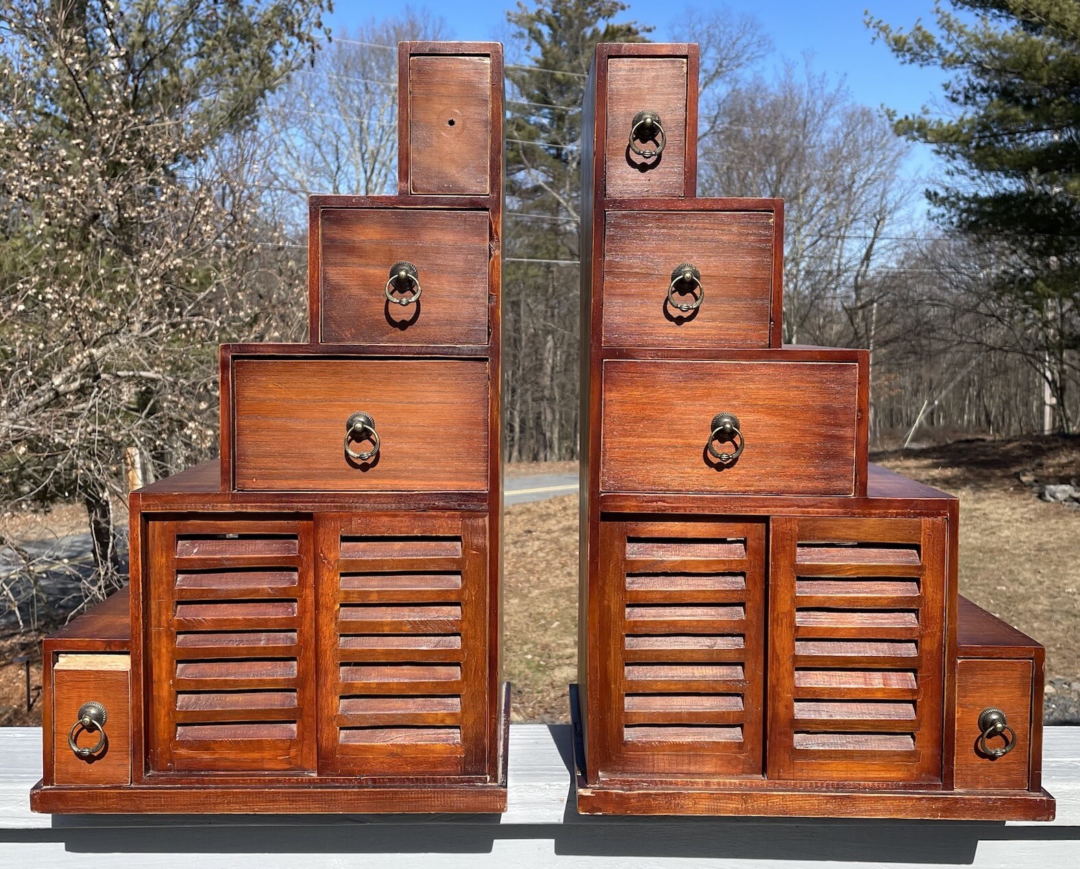 Pair of Vintage 20th C. Dovetailed Tansu Step Wooden Shelves Asian Art