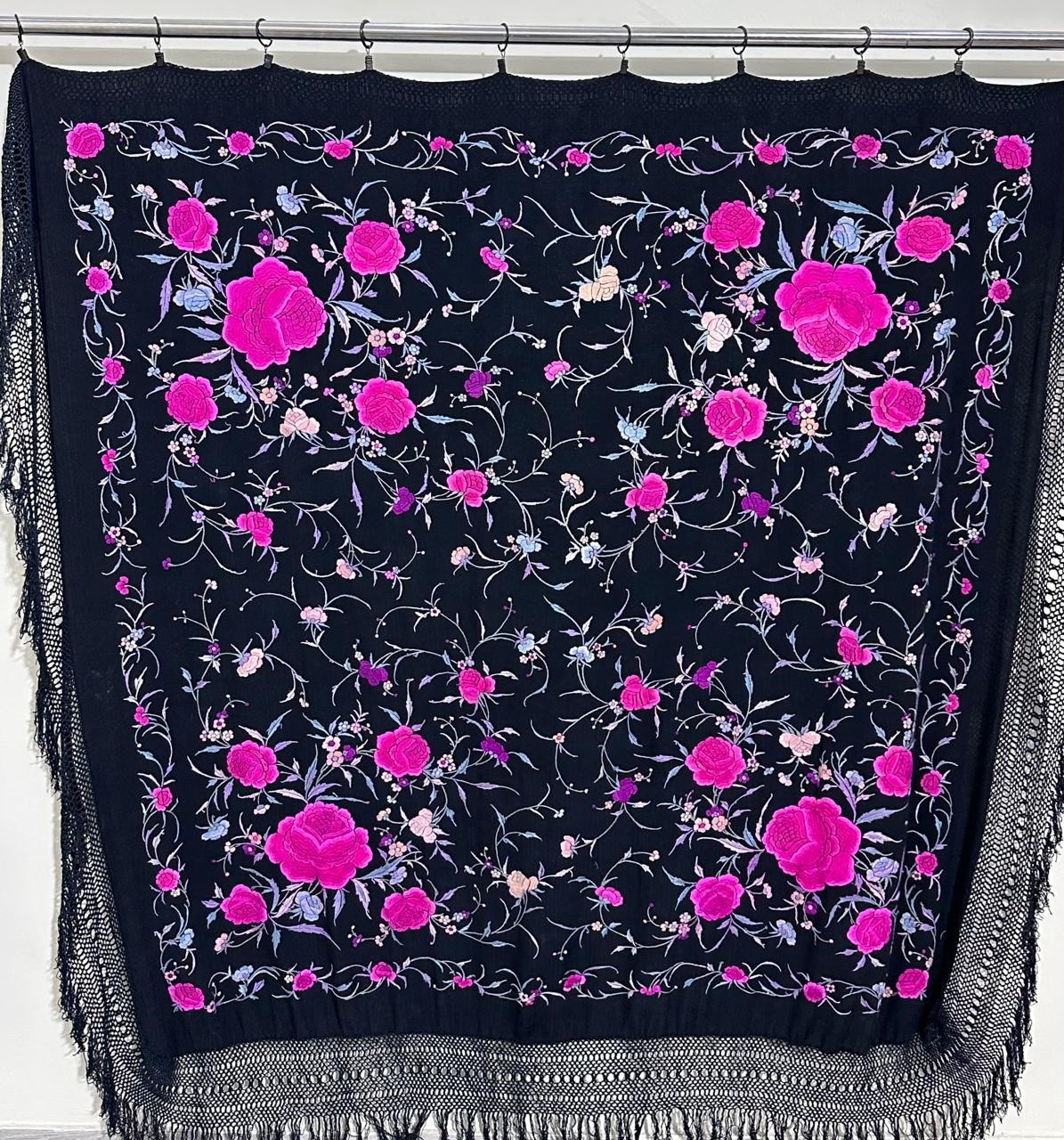 Antique Menton De Manila Silk Black Ground Multi Embroidery Piano Shawal,