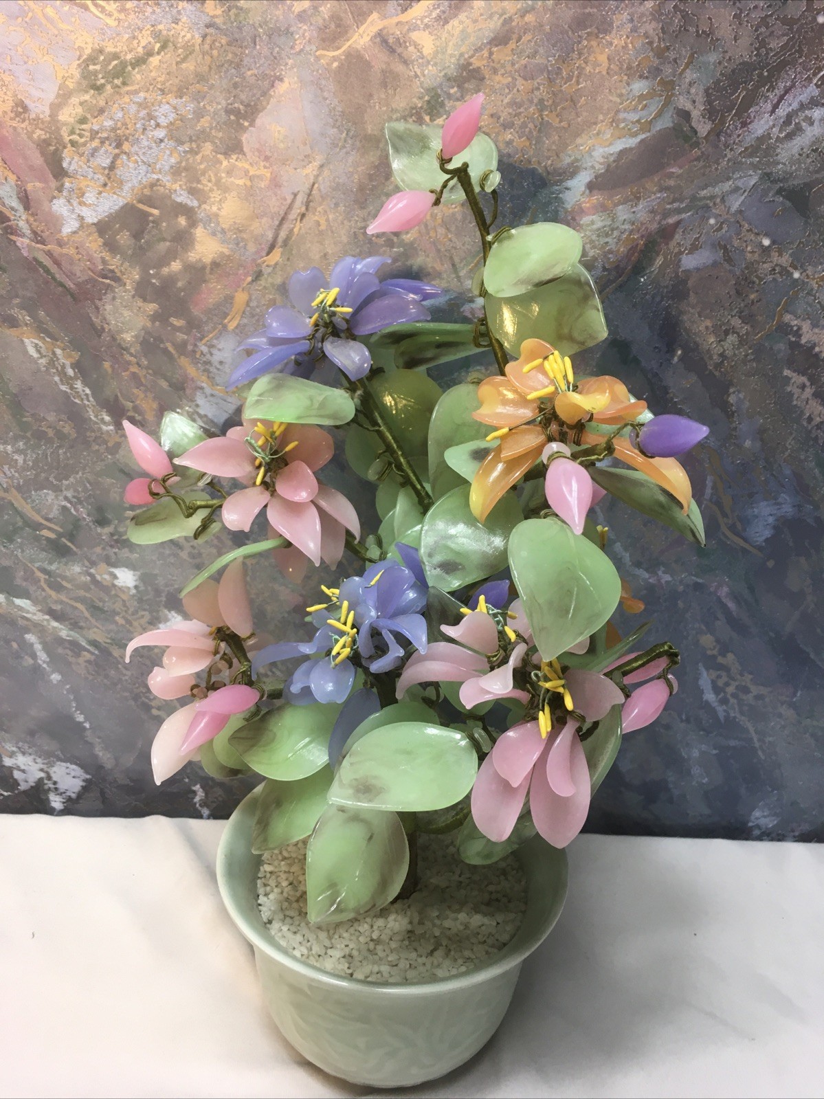 Oriental Bonsai Jade Color Art Glass Flowers Tree Celadon Porcelain Pot 12″-READ