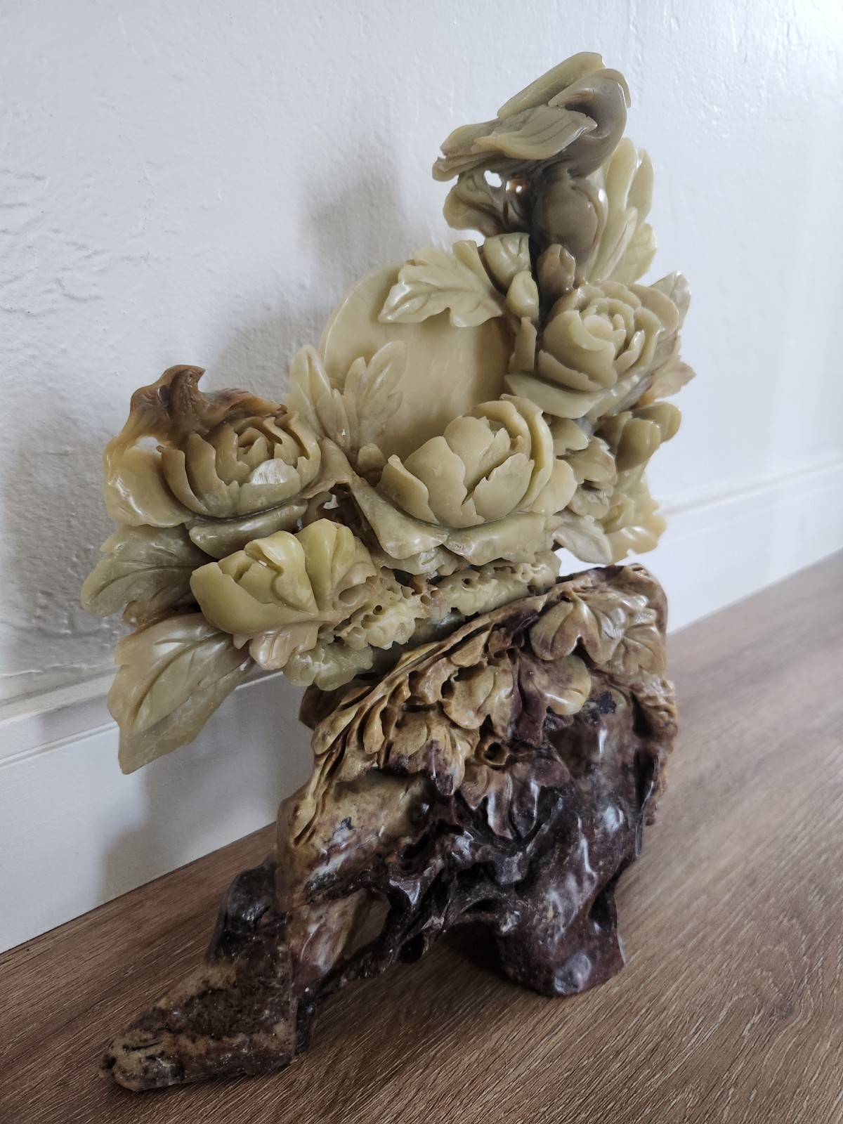 Exceptional Ornate Chinese Soapstone Carving Birds Flowers & Fruit 12″ x 13.5″ T