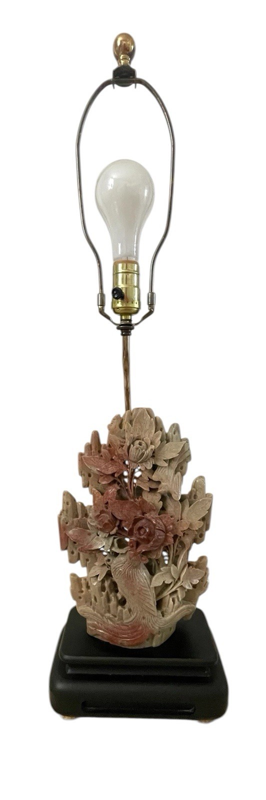 VTG 1940s Chinese Soapstone Floral Table Lamp Wood Base Chinoiserie 31”