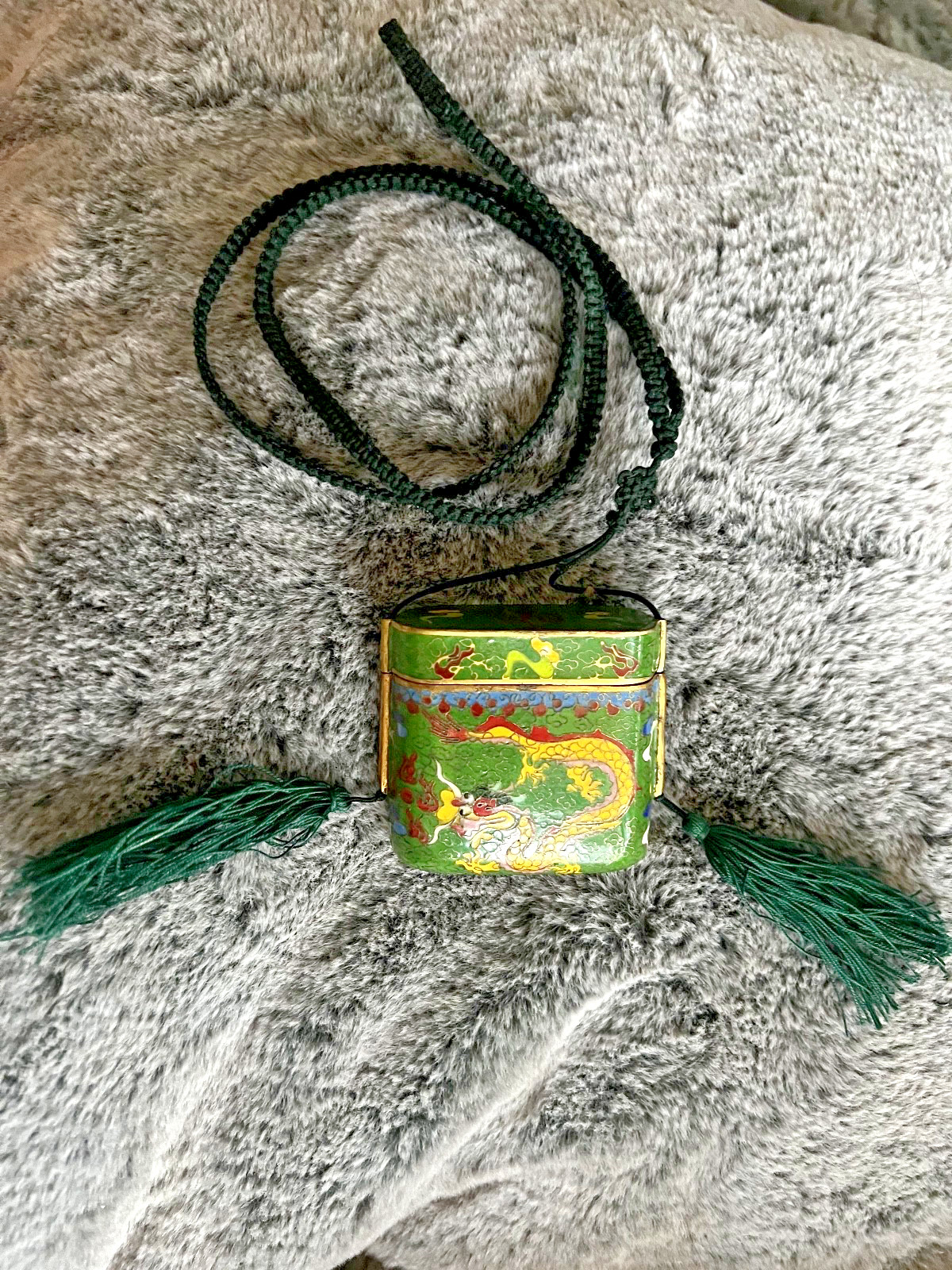 Vintage CHINESE CLOISONNE ENAMEL BRASS PURSE – green dragon