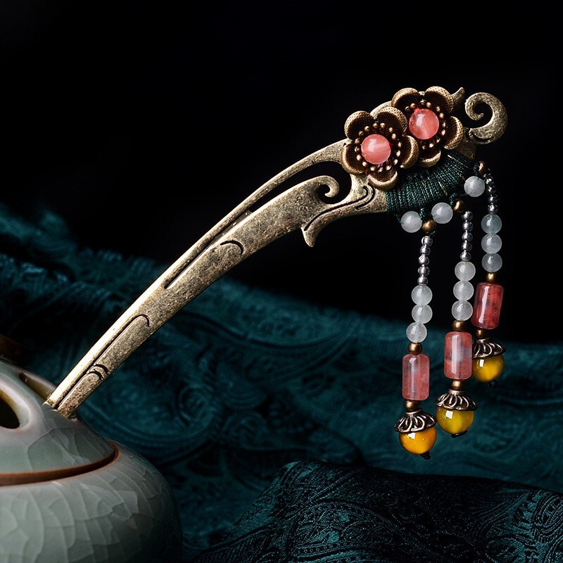 China Dongling Jade/Yellow Agate/Alloy Tassels Tibetan Style Fashion Hairpin