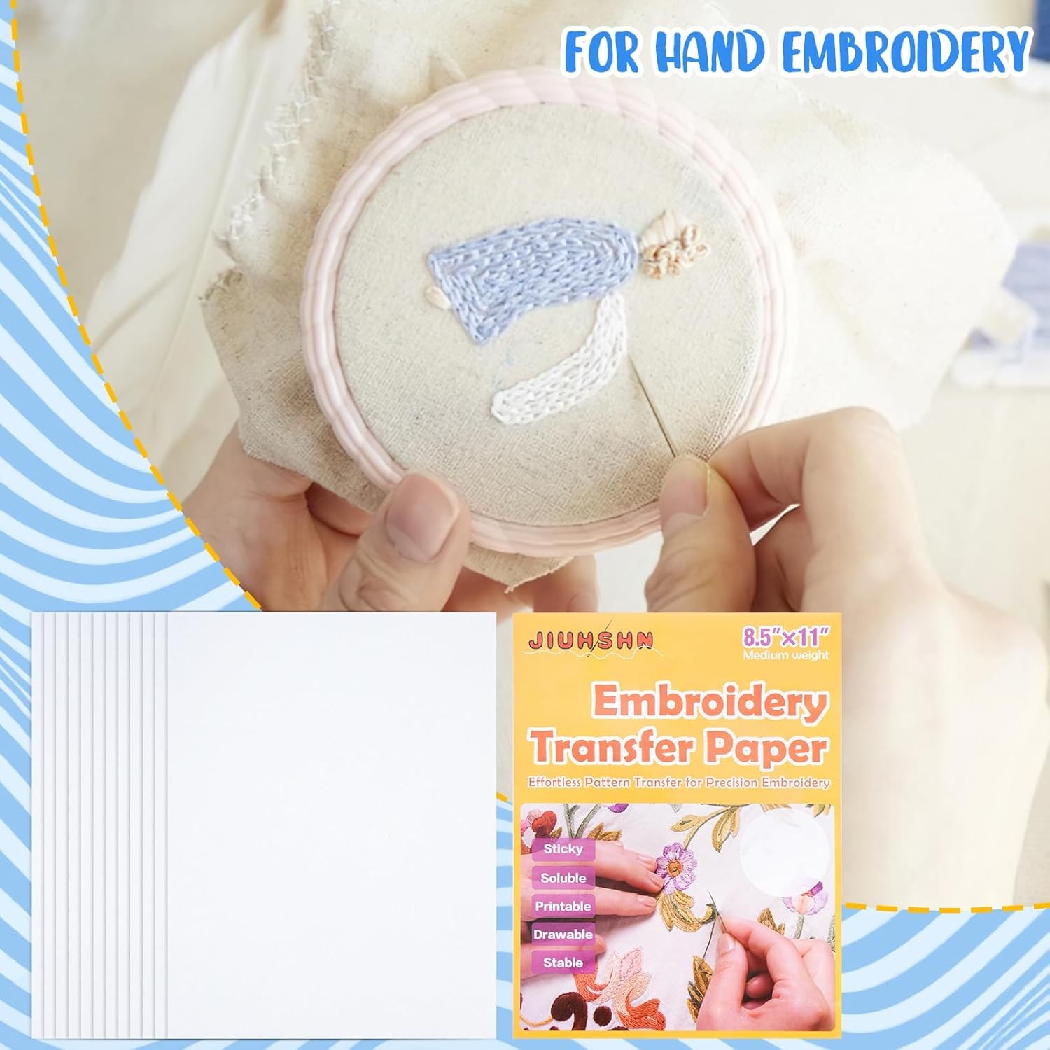 12pcs Water Soluble Embroidery Paper, 8.5″X11″ Stick and Stitch Embroidery…