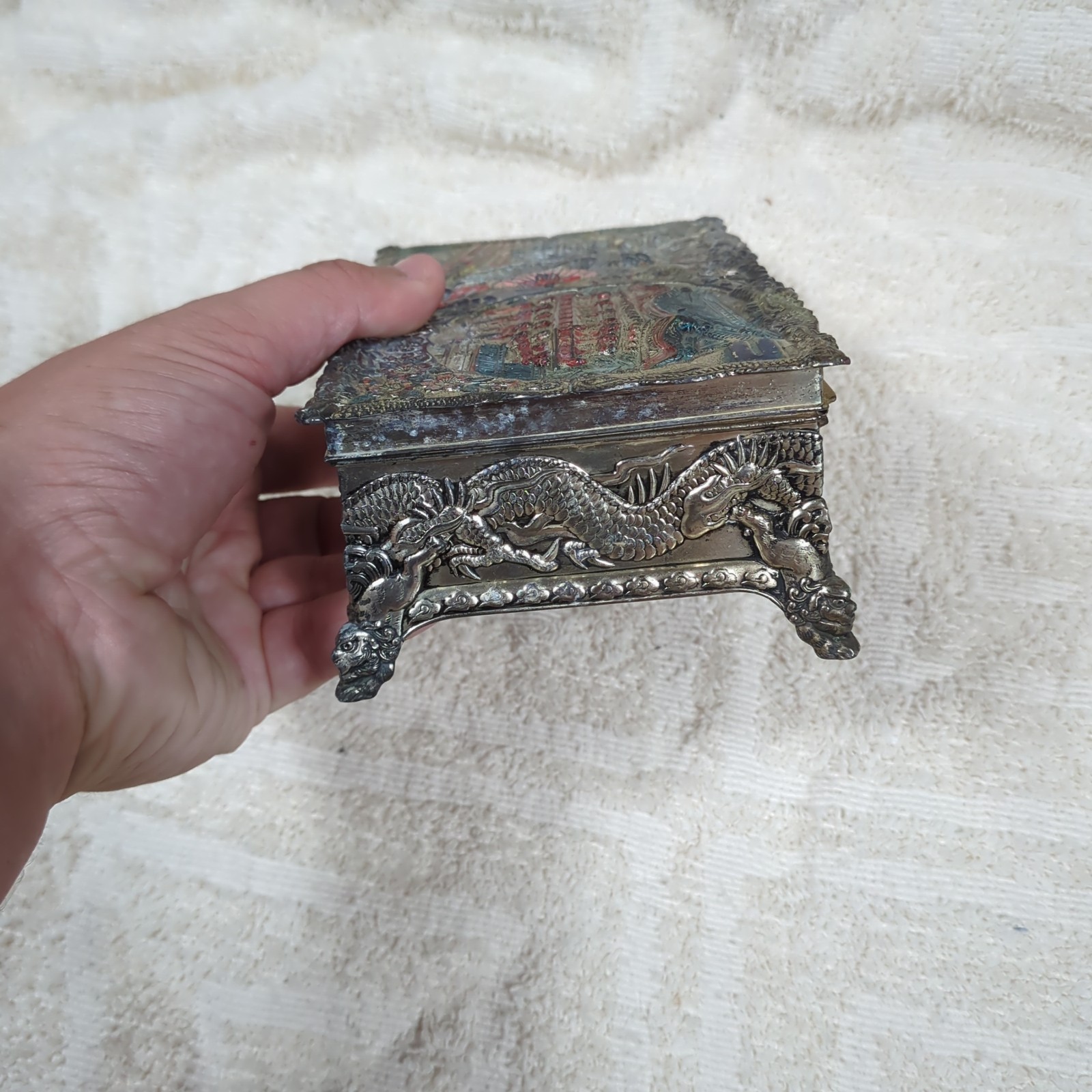 Beautiful Ornate Silver Chinese Trinket Musical Box WORKS Made In Occupied Japan