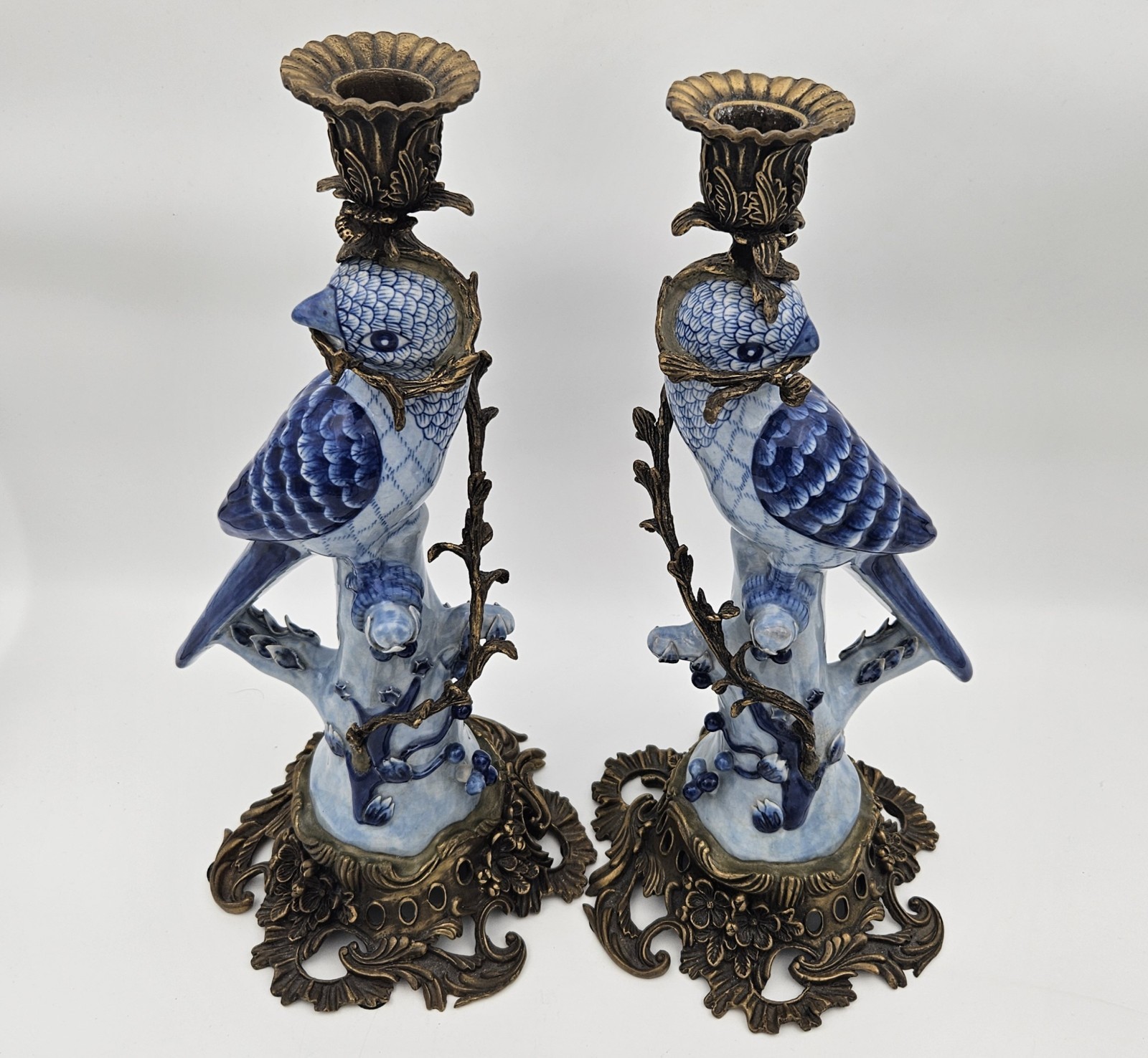 Antique Chinese Bird HOLLYWOOD REGENCY Blue Birds Brass Candle Holders 14″
