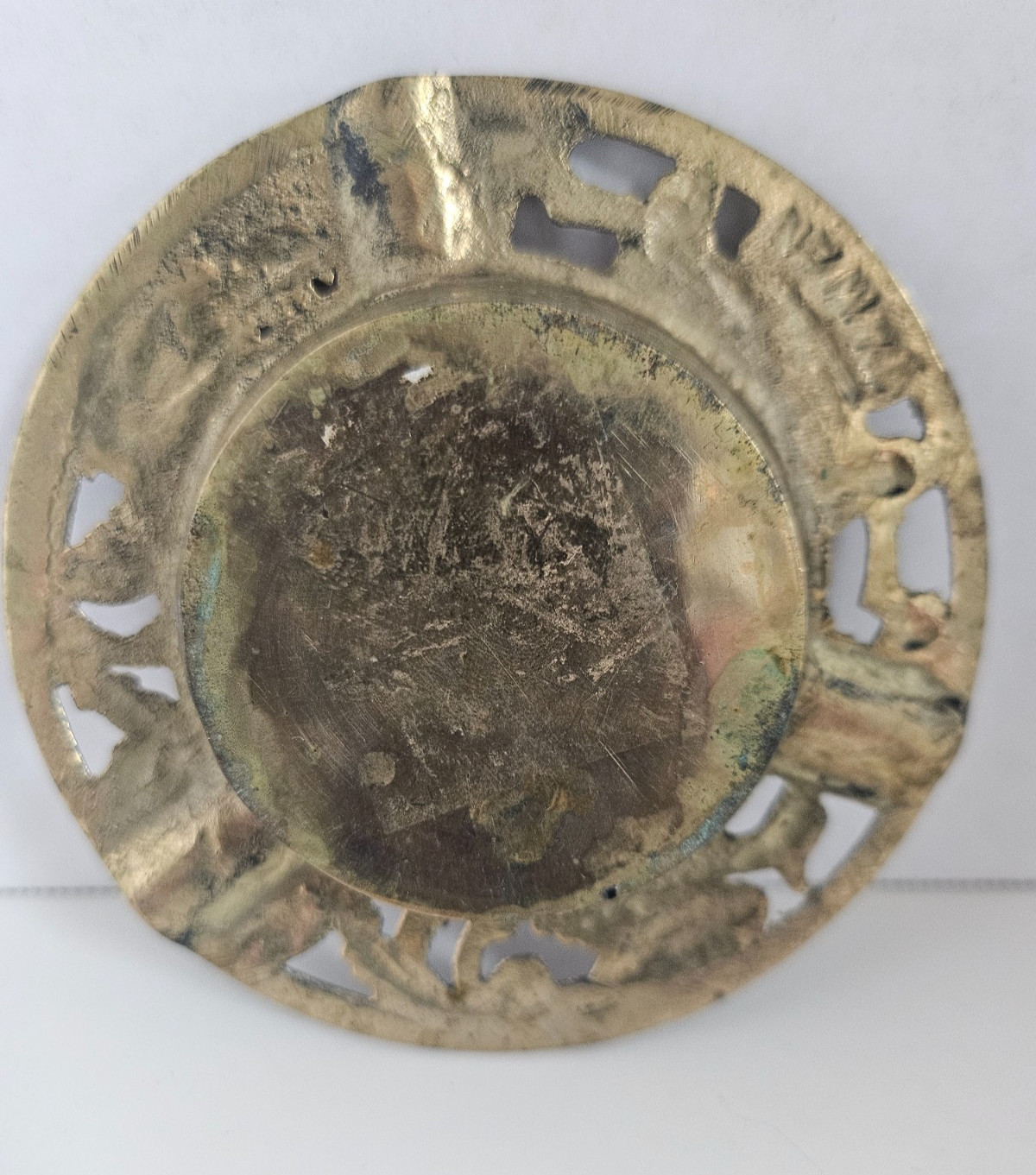 Vintage Chinese Brass Red Enamel Shou Long Life Ashtray Phoenix Birds 3.25″