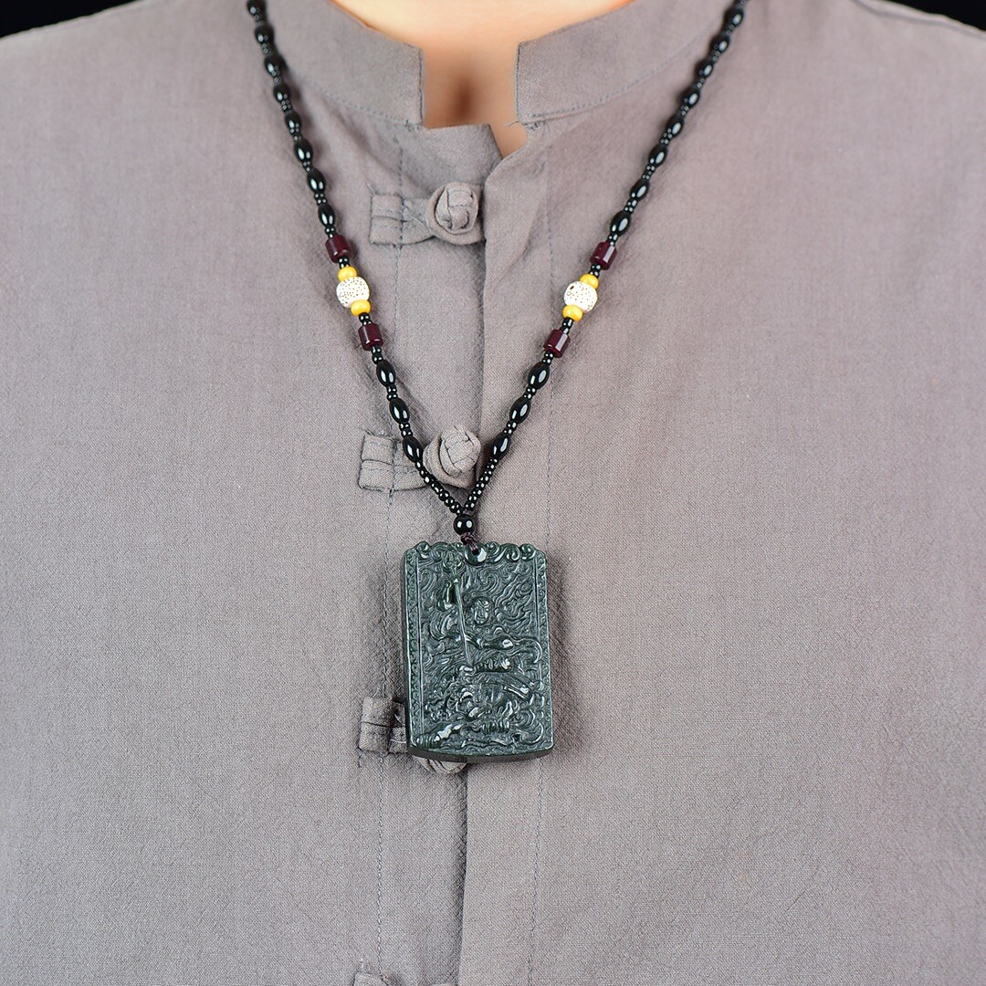 Chinese Hetian Gray Jade Hand Carving Buddhism Ksitigarbha Boddhisattva Pendant