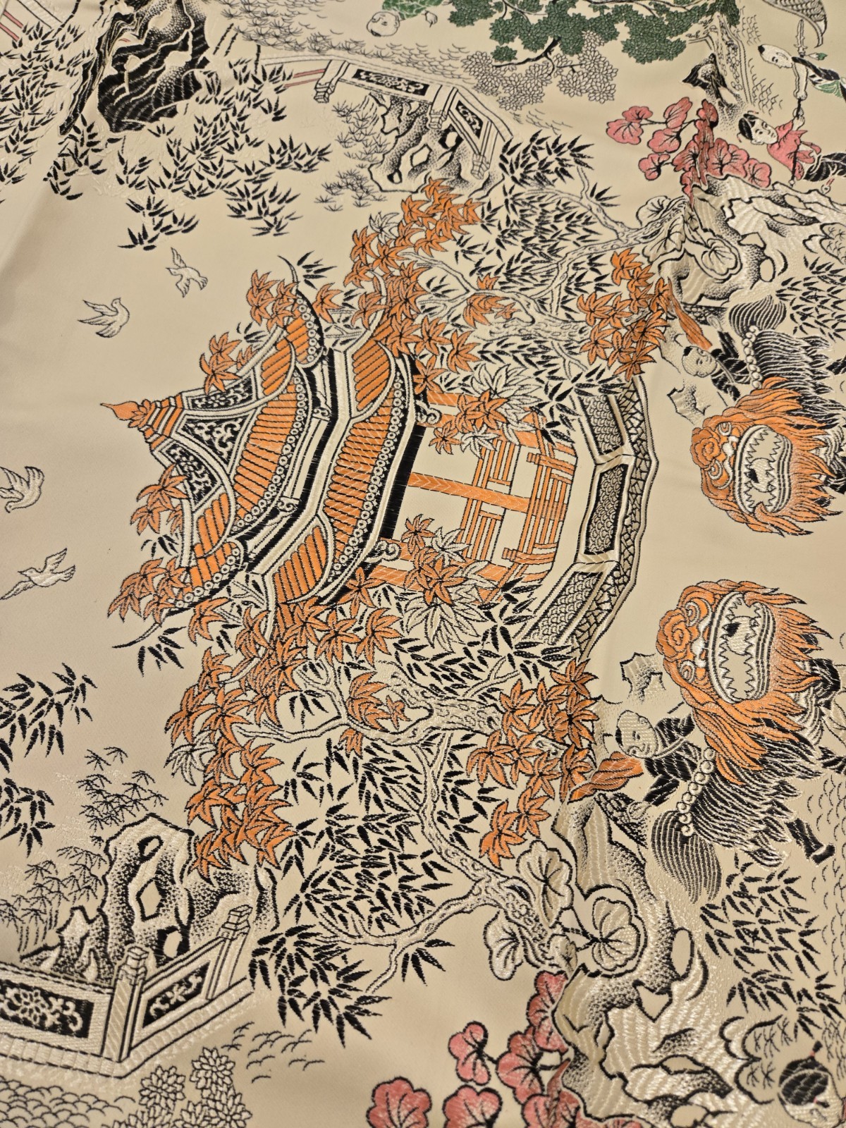 VTG NOS Brocaded Chinese Silk Tapestry Tablecloth 38″ x 38″ Late 70’s-Early 80’s