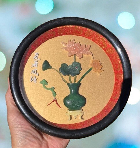 7″ Asian Wall Art Diorama Jade Floral Motif Carved Stone Framed 1950’s MCM Decor