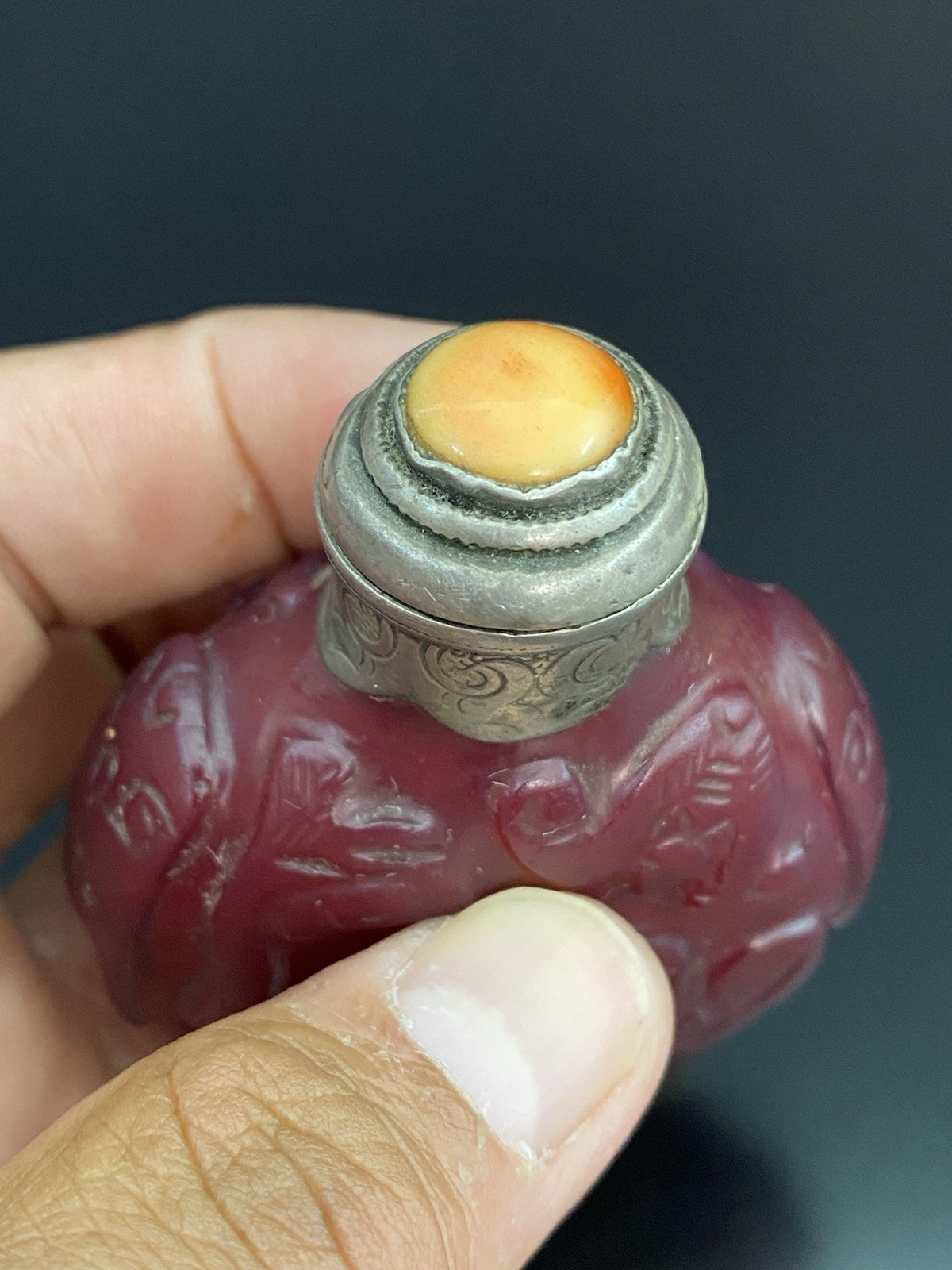 Antique Chinese Ruby Red Peking Glass Steling Silver Top Carved Snuff Bottle