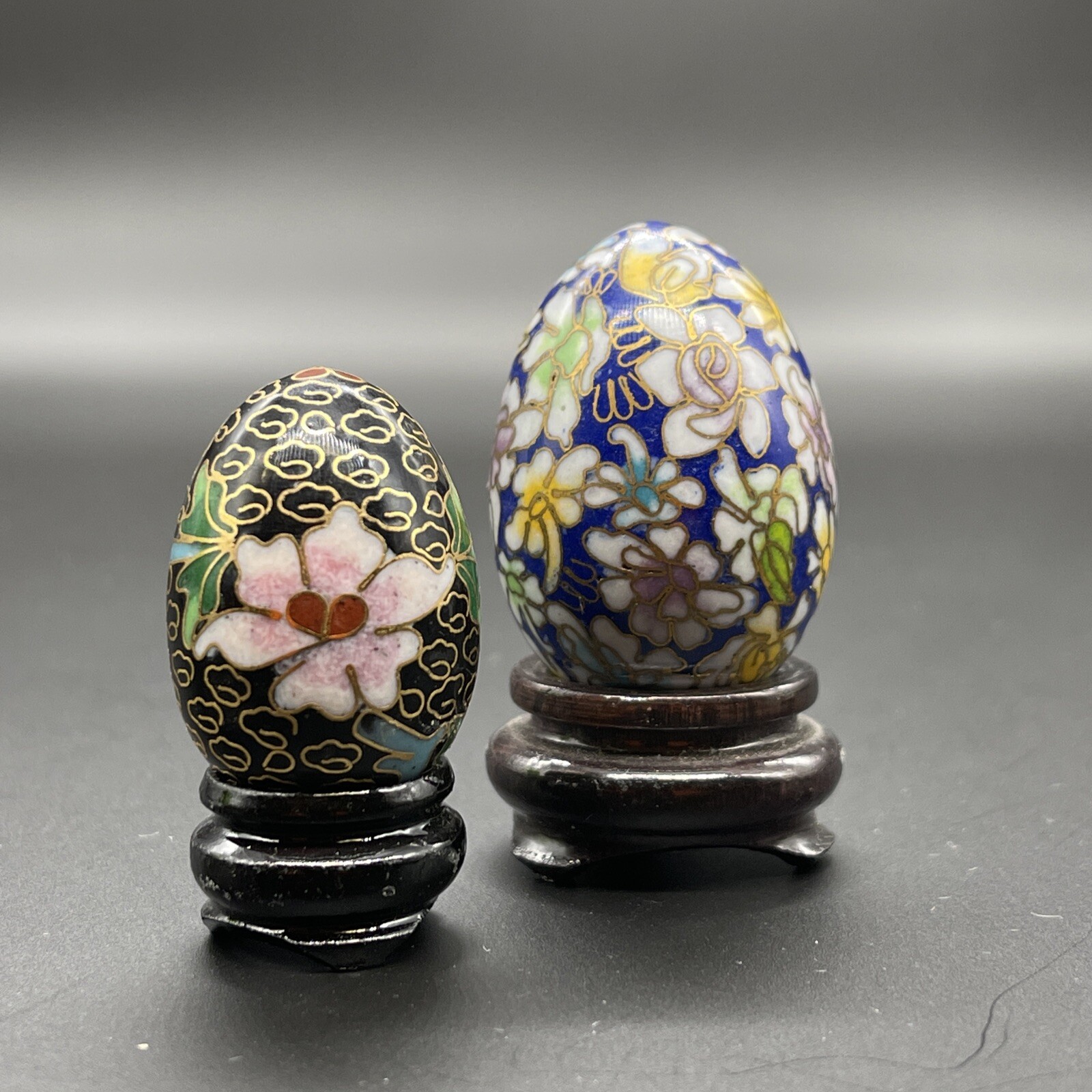 Cloisonné Eggs & Wooden Stands Floral Multicolor & Gold Design Small