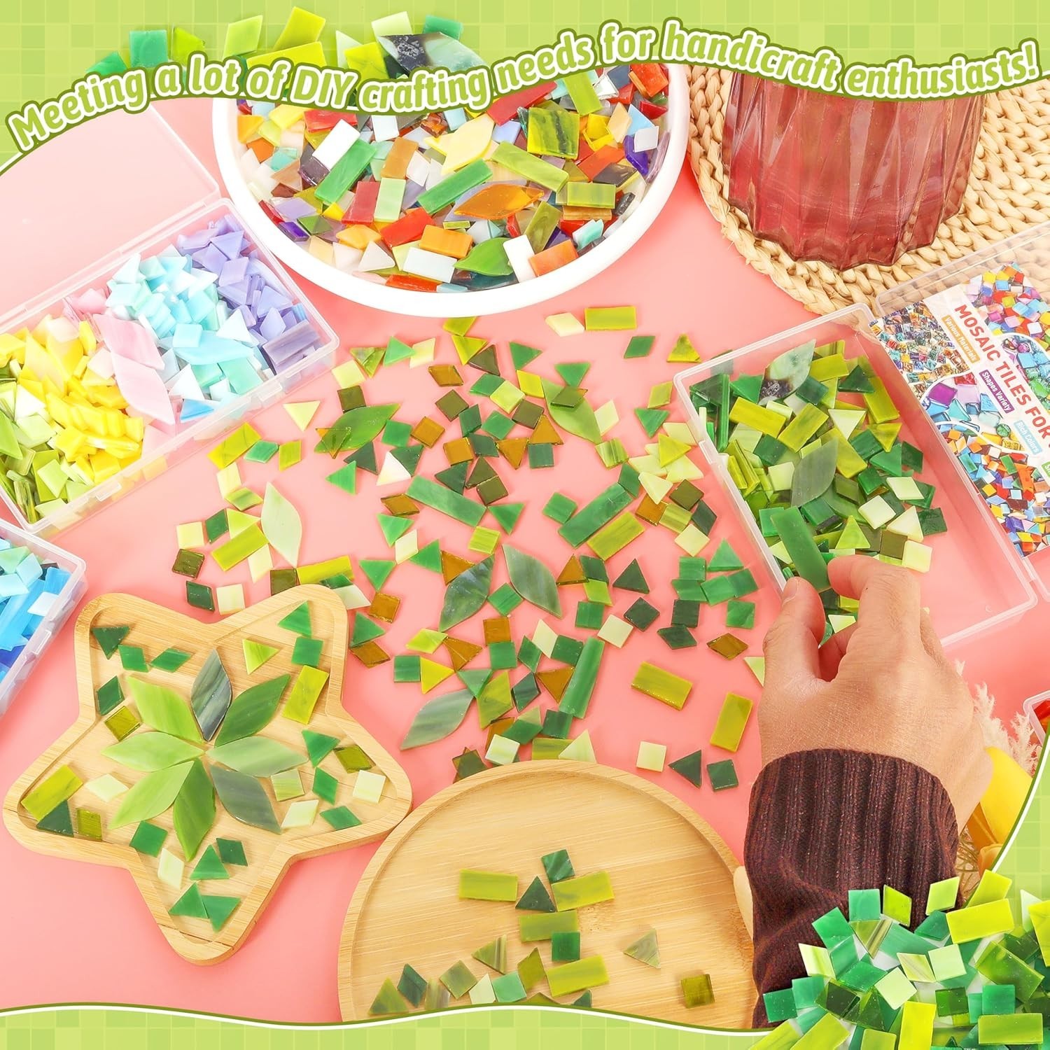 Glass Mosaic Tiles for Crafts – 320 Pcs in Green, Perfect for All Skill Levels