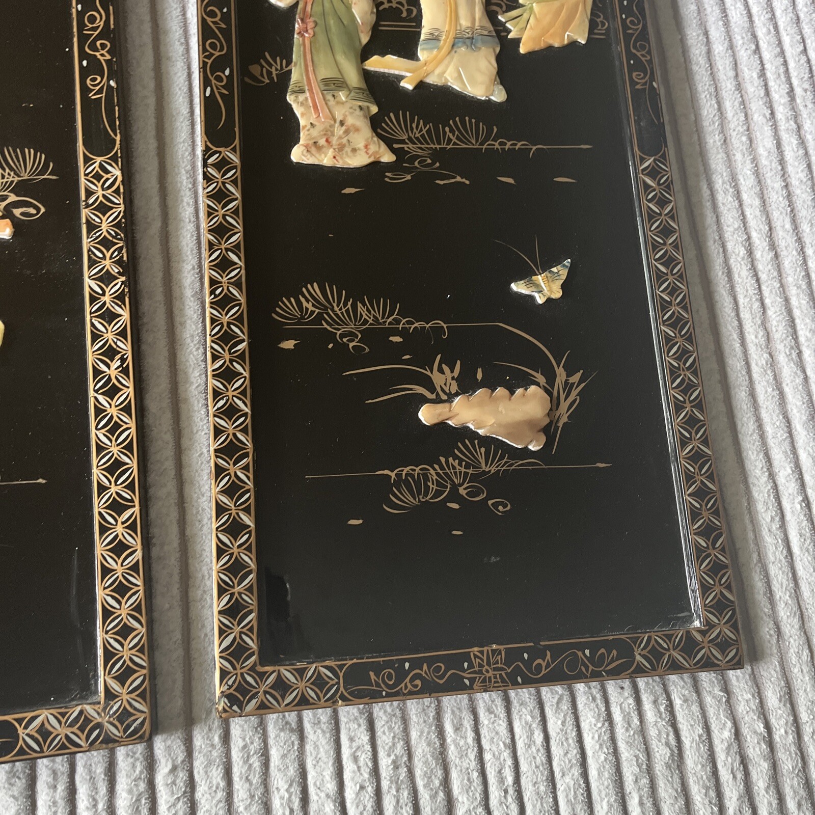 4 Asian/Oriental Hanging Wall Panels Mother Of Pearl Black Lacquer 36”X12” (READ
