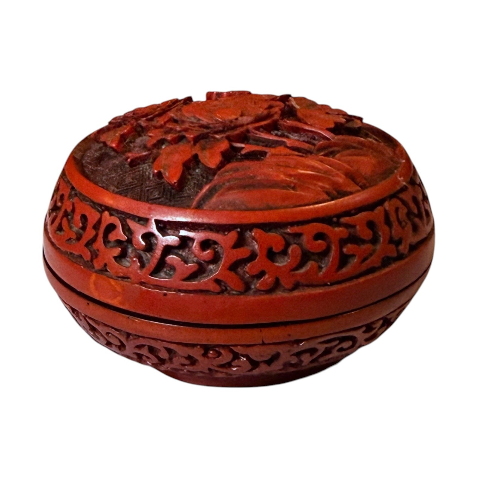 Antique Chinese Cinnabar Hand Carved Floral Peonies Ink Trinket Box 3.25” x 2”