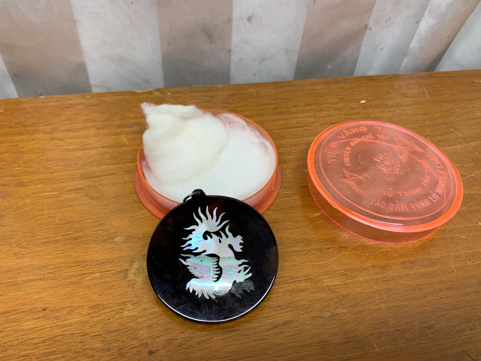Good Luck Blessing Chinese Charm Mother Of Pearl & Lucite ? Dragon Round Pendant