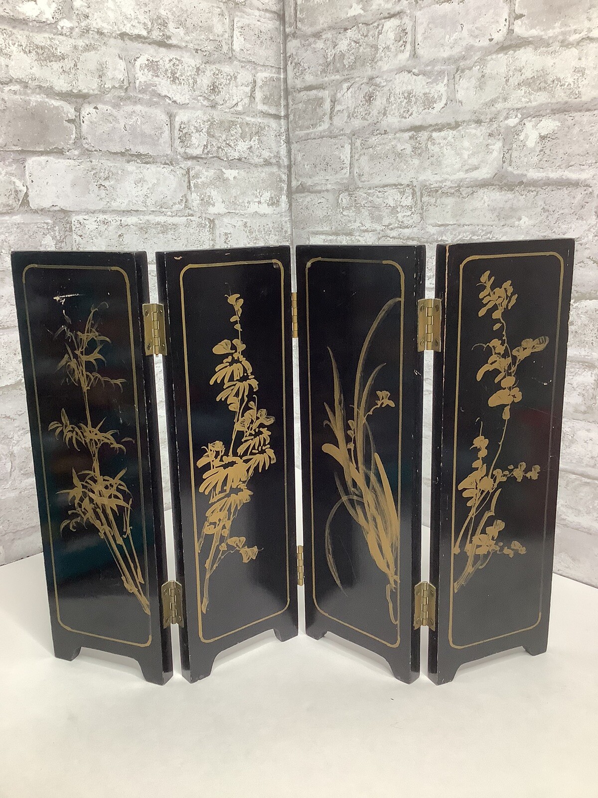Vintage Mini Asian Chinese Lacquer Table Top Folding Screen Carved Stones Rare
