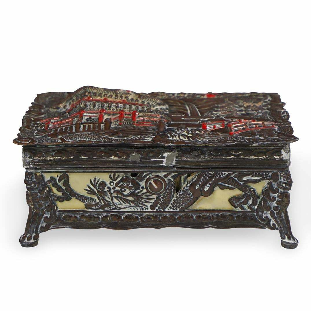 VINTAGE CHINESE BRASS AND COPPER MUSIC BOX; PAGODA, DRAGONS, ETC; ADORABLE! BIN